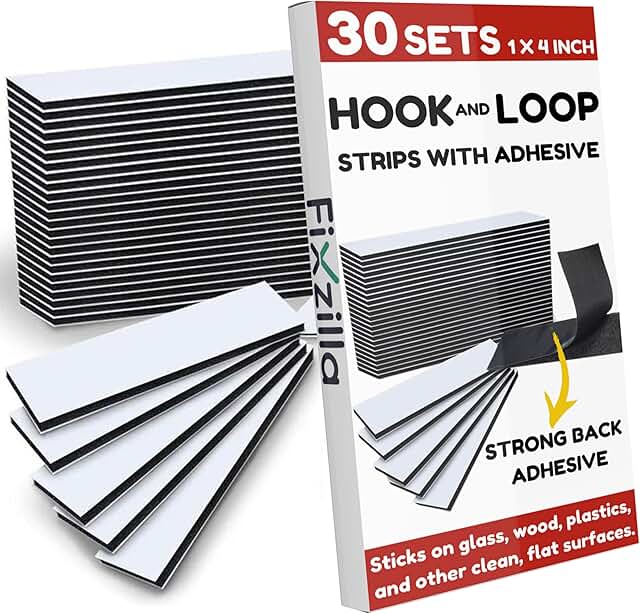 Hook and Loop Strips with Adhesive - 30 Sets 1x4 Inch - Strong Back Adhesive Fasteners Tape, Black