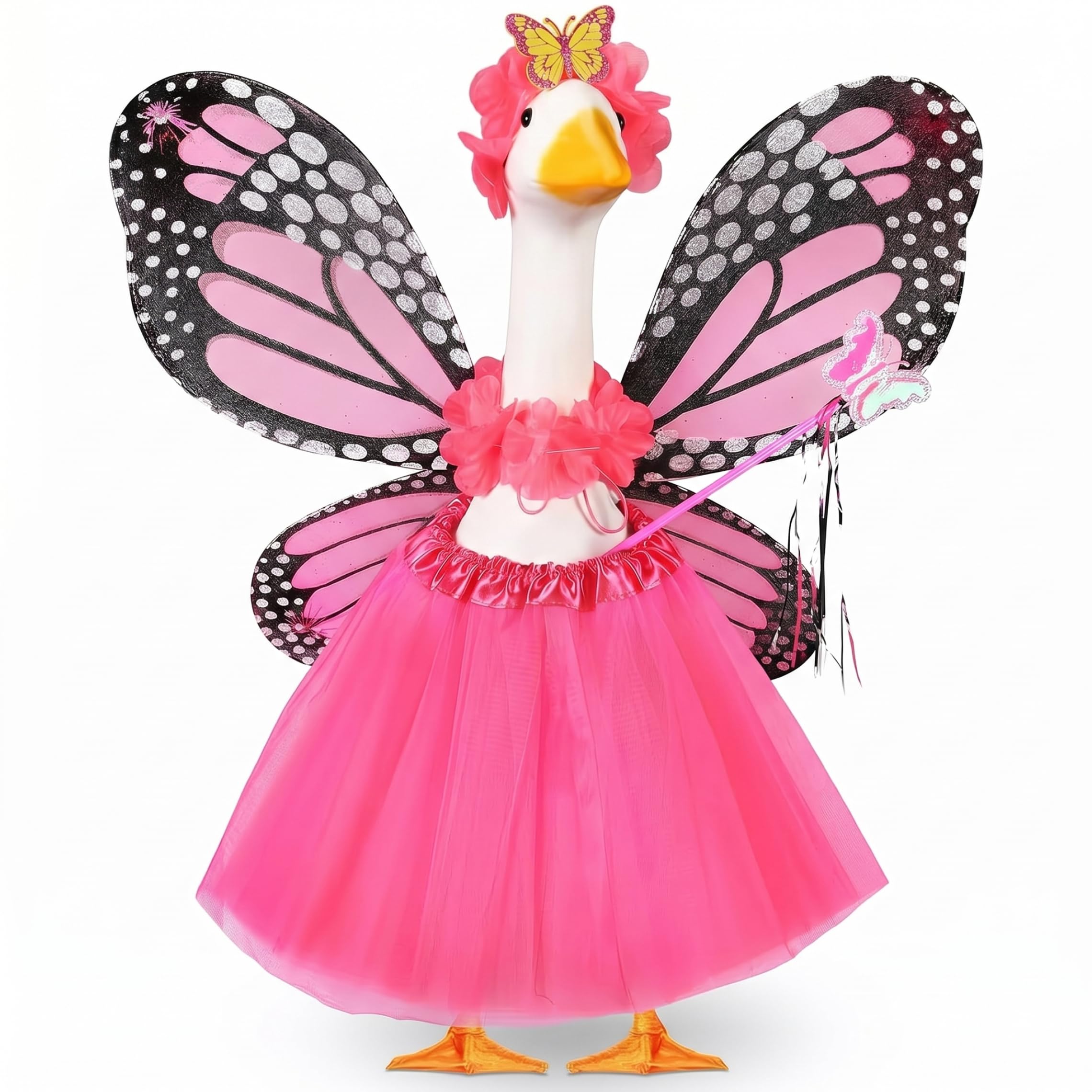 Sjfbebsy Butterfly Goose Outfit, 5Pcs Set Goose Accessories with Wing Dress Wand Garland Fits 23in Geese Rose, Geese Outfits