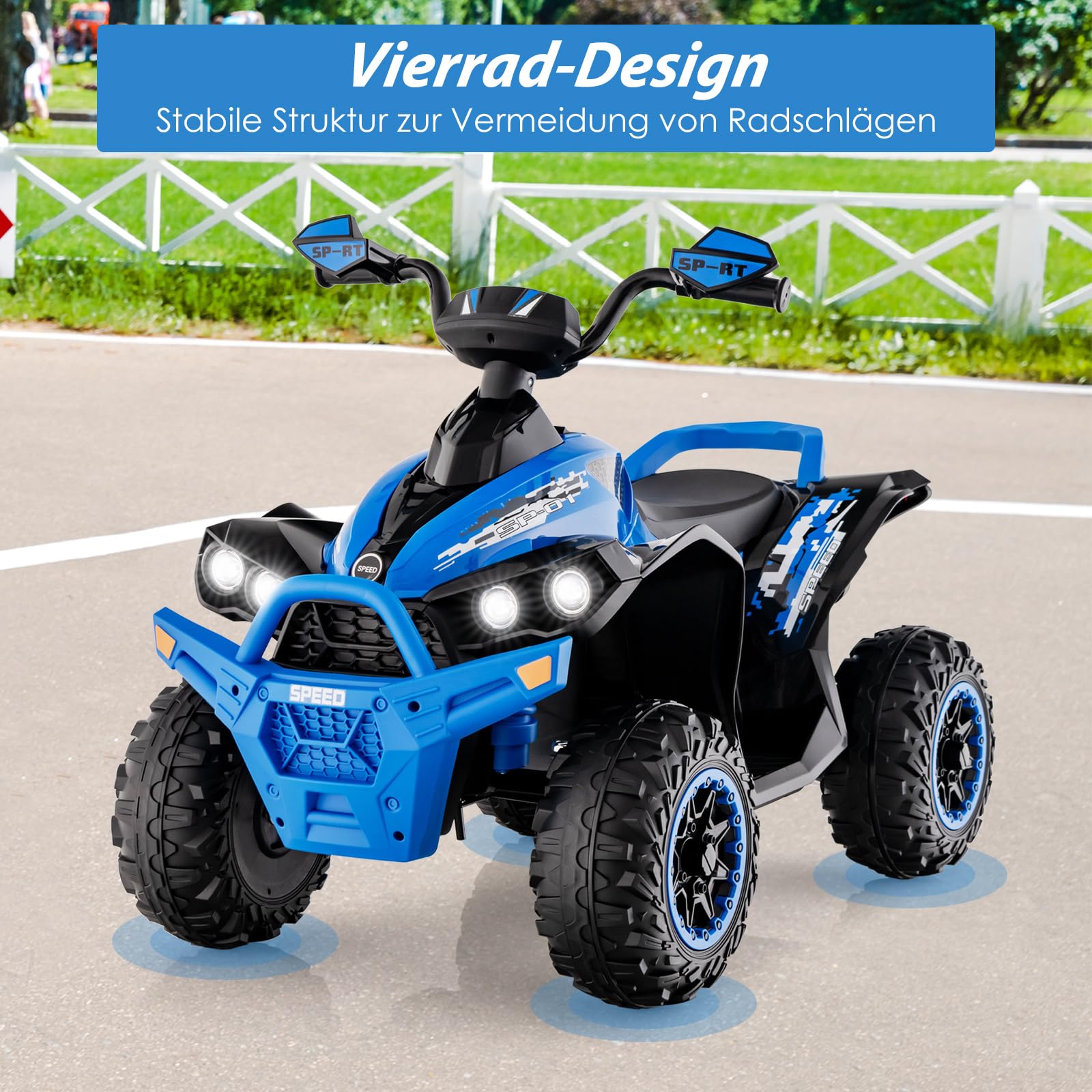 GOPLUS 12V Elektrische Kinderquad, Kinderfahrzeug mit LED-Scheinwerfern, Musik & Hupe, Elektroauto mit 4 rutschfeste Räder & langsamer Start, für Kinder 3–8 Jahre alt, bis 35 kg Belastbar (Blau)