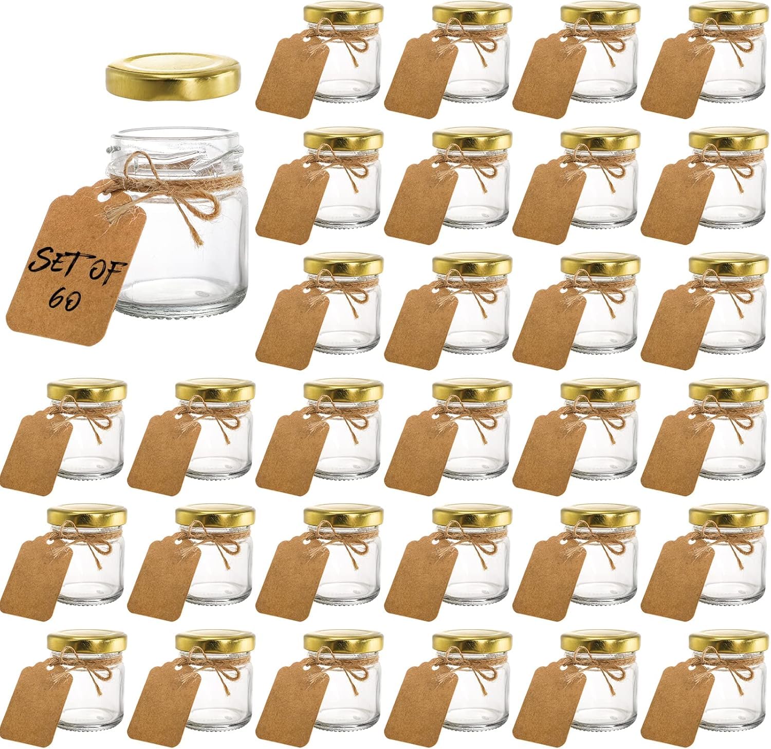 Kingrol Confezione da 60 mini barattoli in vetro con coperchio a vite dorato, barattoli rotondi da 45 ml per spezie, erbe, marmellate, artigianato, bomboniere nuziali, decorazioni