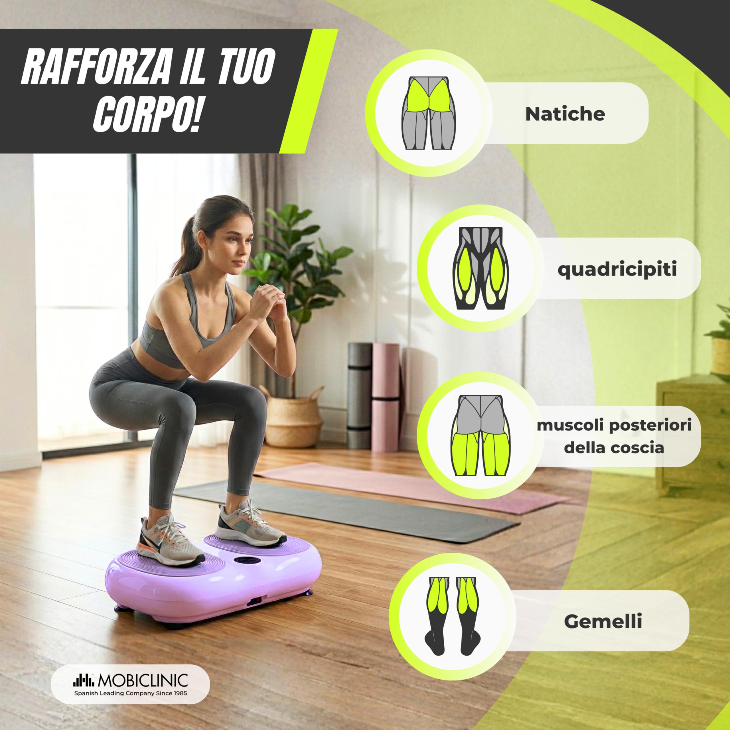 Mobiclinic®, Pedana Vibrante, 99 Livelli di Velocità, 9 Programmi di Allenamento, Fasce Elastiche e Telecomando, 200W, Tonificazione, Potenziamento Muscolare, Ideale per la Casa, Fino a 150 kg, Karol