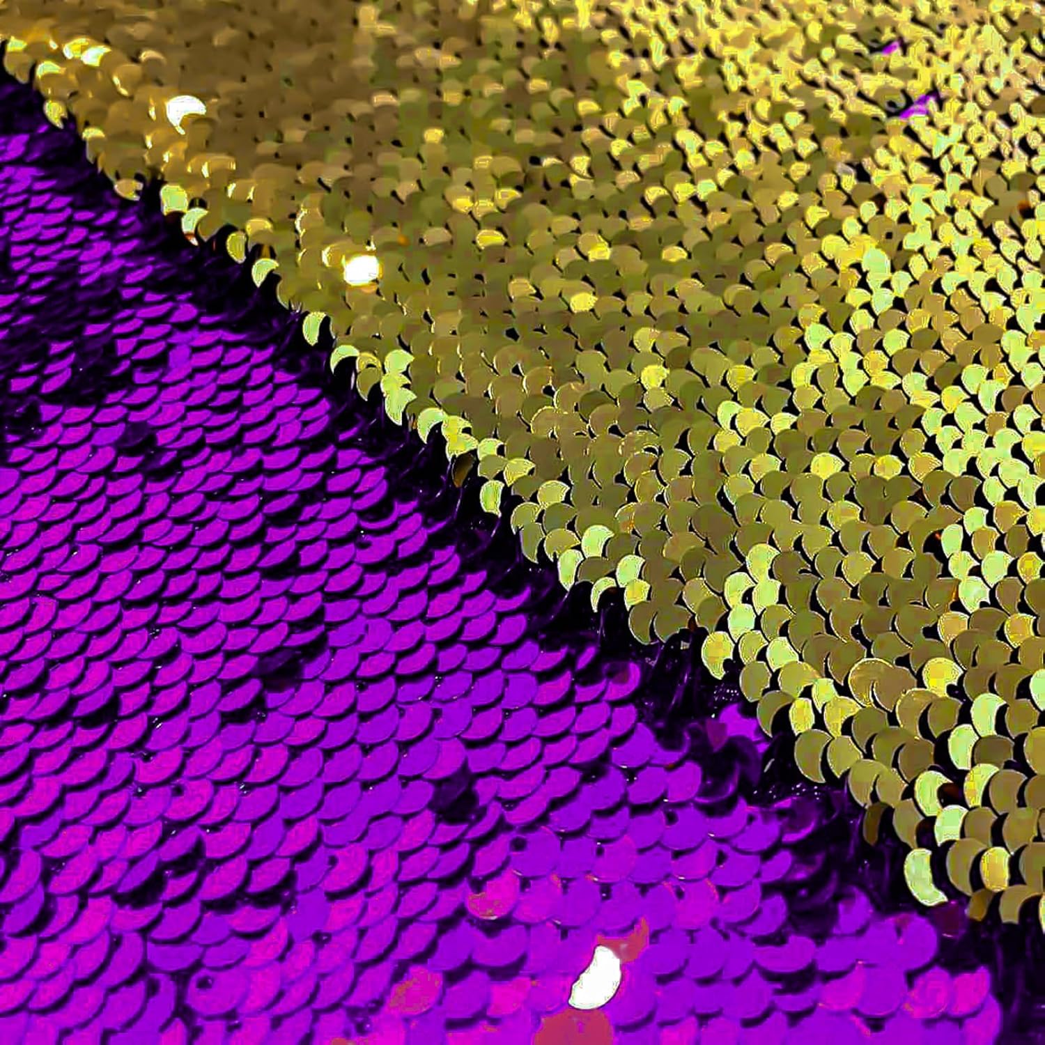 DUOBAO 15ft/5 Yard Color-Shifting Sequin Fabric (Gold to Purple) - Non-Waterproof Reversible Shimmer Material for Wedding Dresses, DIY Crafts, Party Backdrops