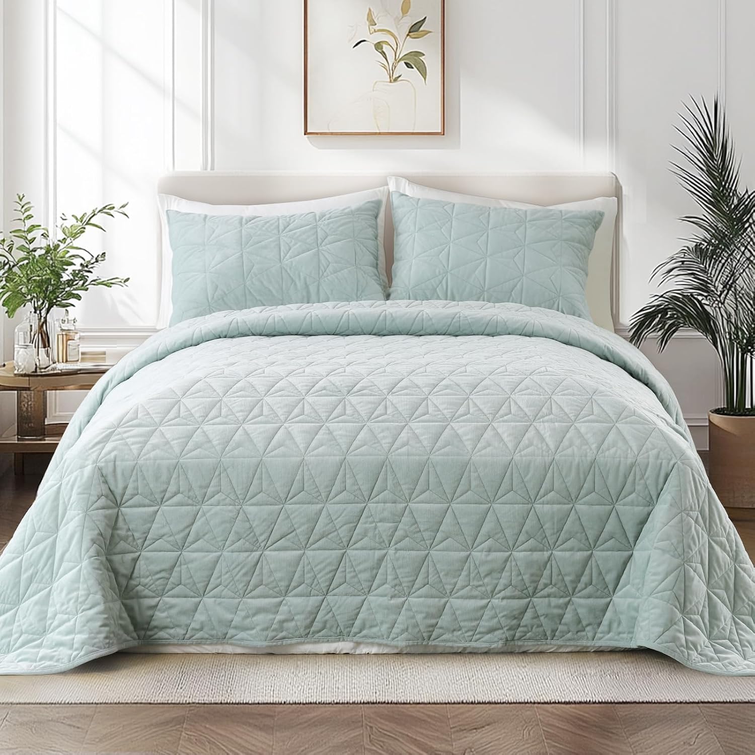 kasentex velvet oversized california king quilt set 112"x106", luxury ultra soft geometric stitched cal king bedspread coverlet with 2 pillow shams, lightweight summer quilt bedding set, mint green mint green oversized king