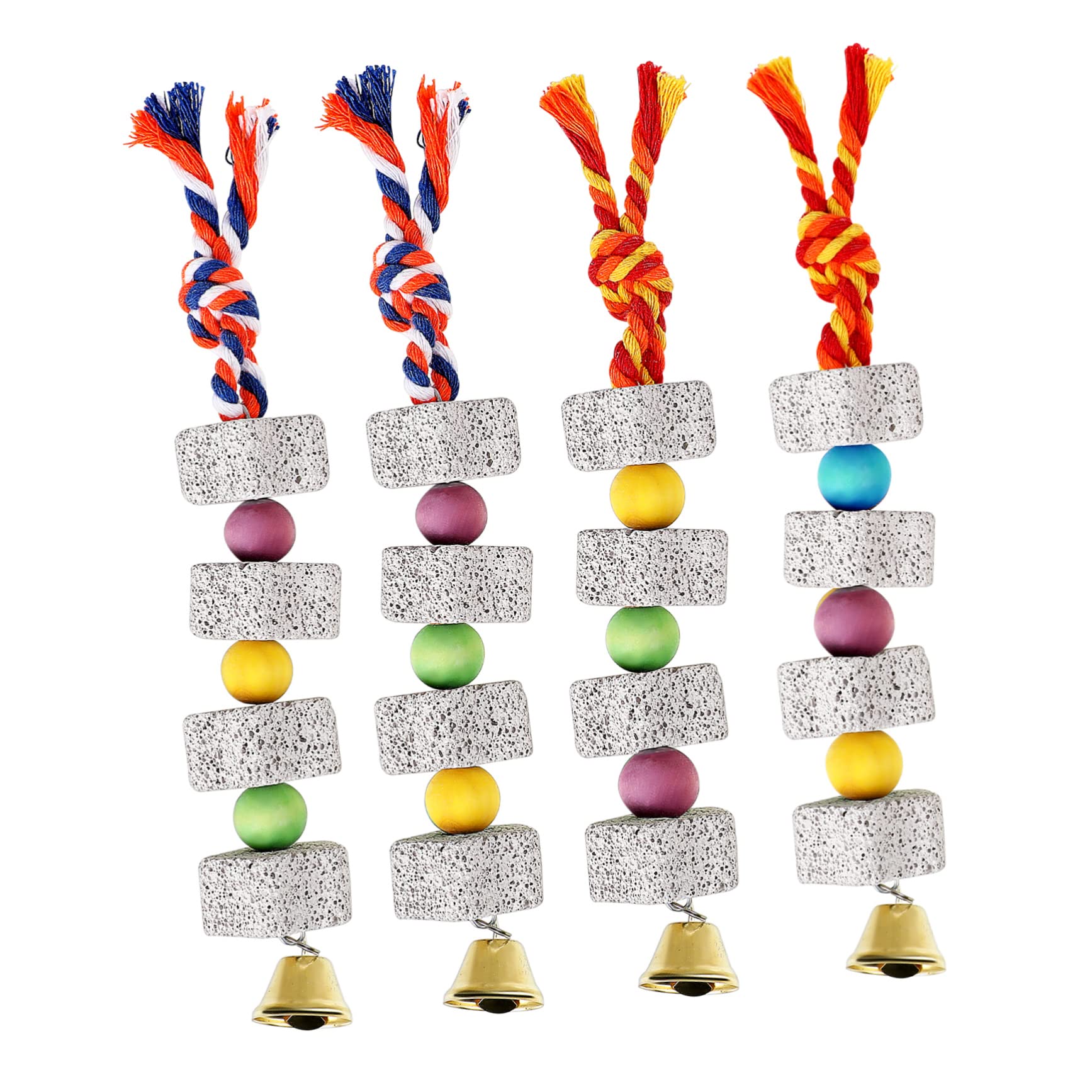 VICASKY 4Pcs Parrot Chewing with Beak Grinding Stone and Bells Bird for Parakeets Cockatiels and Hamsters Mineral Stone Chew for Healthy Beak Care