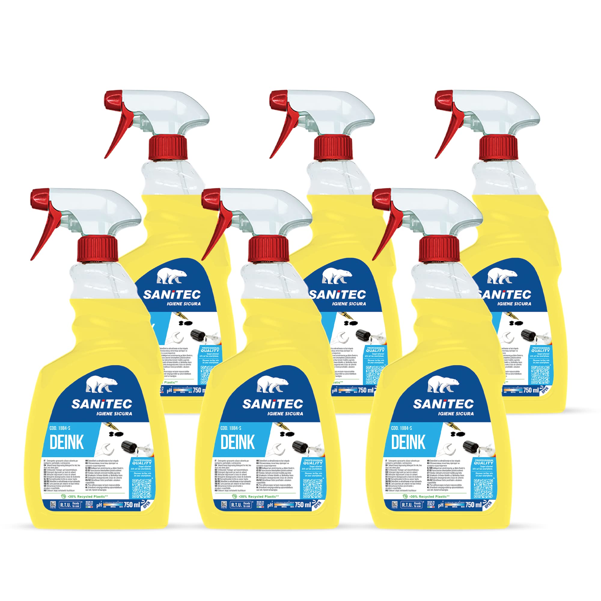 SANITEC igiene sicura Deink, Detergente Profumato, Sgrassante Specifico ed Efficace per Inchiostro, Colla, Grasso e Graffiti, Pulizia Senza Risciacquo e Senza Aloni, Made in Italy, 6 Flaconi 750 ml