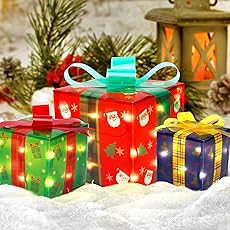 Lighted Gift Boxes Christmas Decorations - Set of 3 Gift Boxes (Cartoon Theme) - Includes 50 Mini Lights - Ideal for Indoor and Outdoor Christmas Tree Home Party Decor