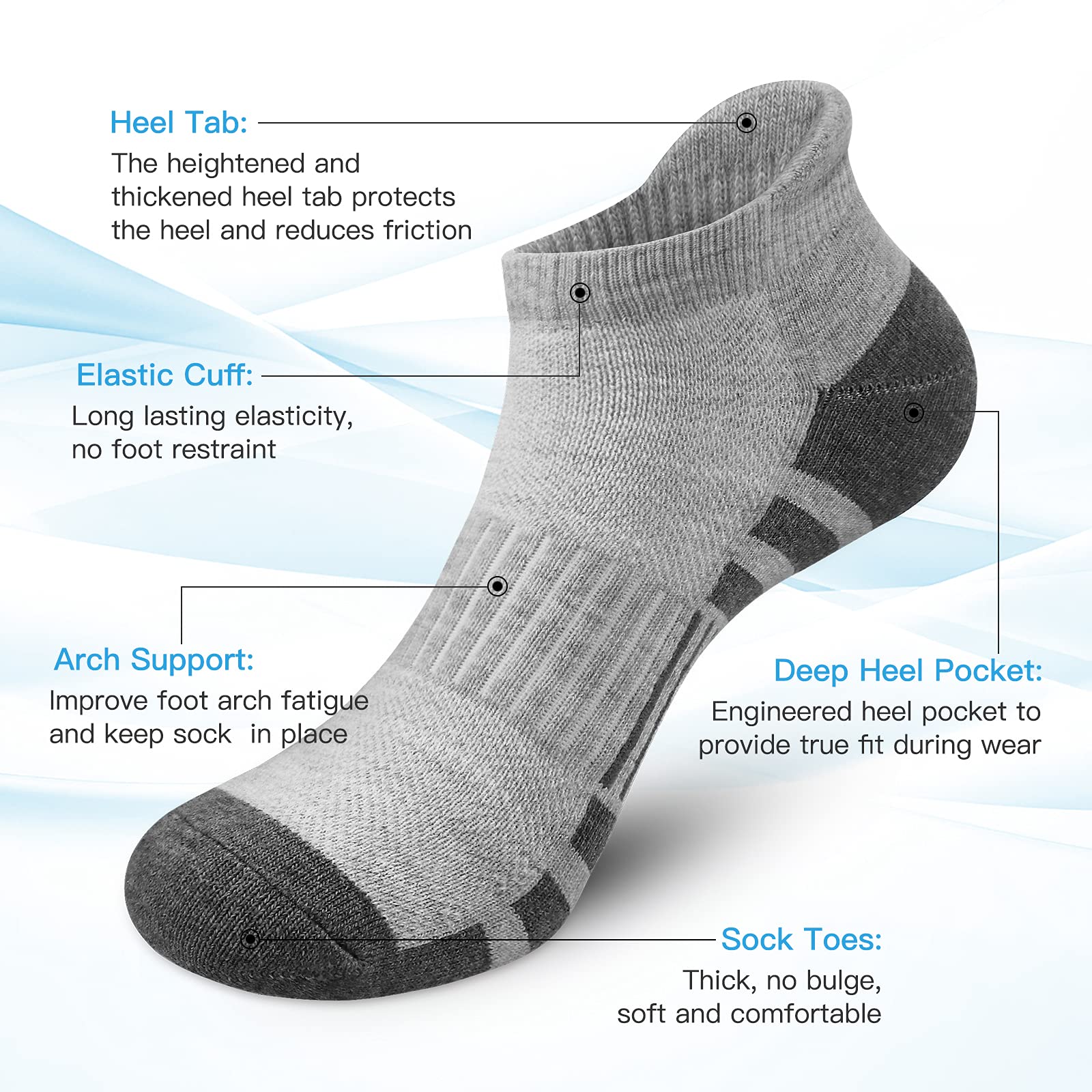 Ankle Running Socks Cushioned Low Cut Tab Athletic Socks for Men and Women Moisture Wicking Arch Support Sports Socks 6 pair