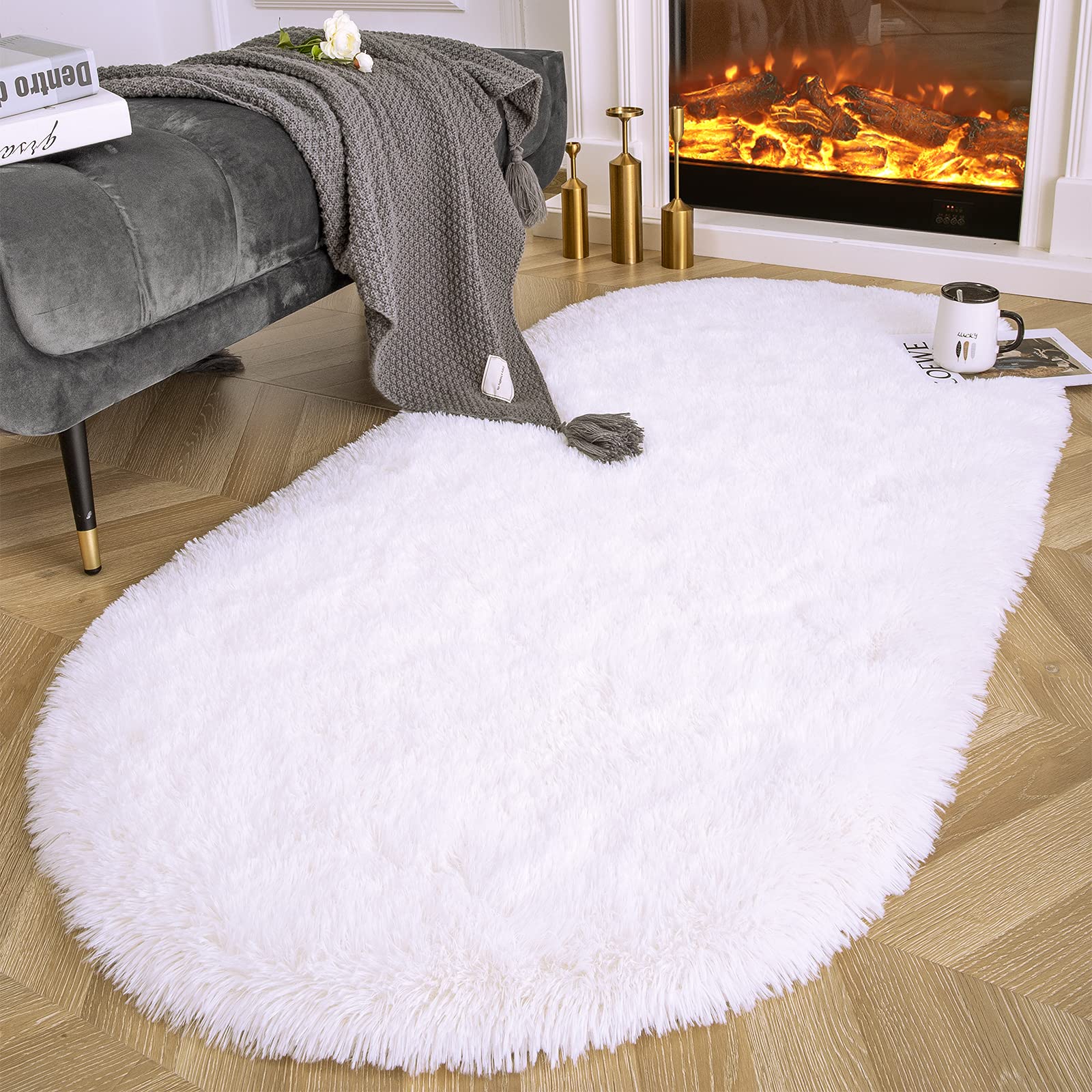 Ompaa White Fluffy Oval Rugs, Super Soft Shaggy Carpet Fuzzy Long Fur Area Rug for Bedroom Living Room Dorm, Plush Kids Playroom Baby Girls Nursery Decor Mats, 2x5 Feet