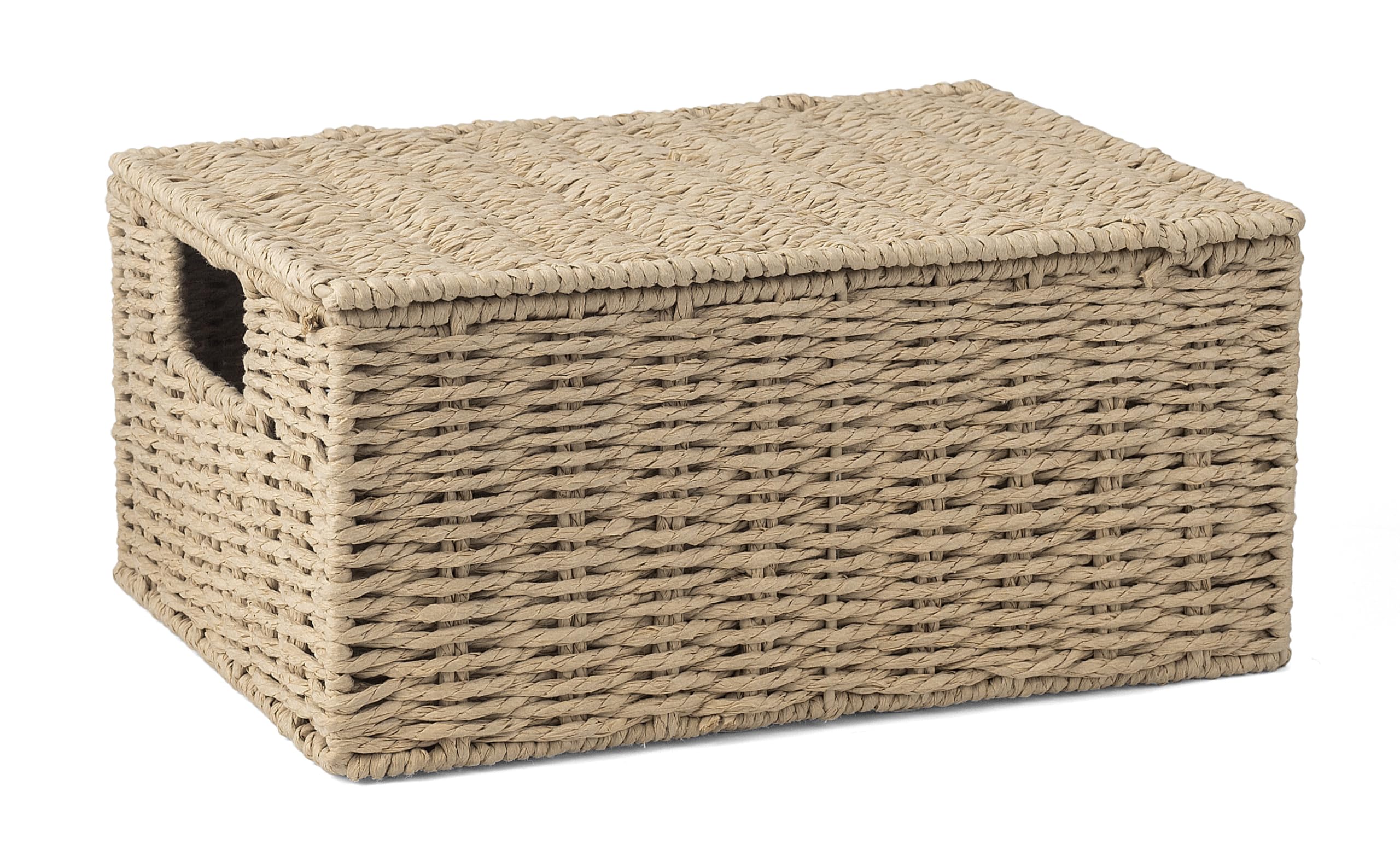 Woodluv Storage Boxes with Lid, Storage Baskets Woven | Baskets for Shelves, Hamper Basket, Khaki, Large