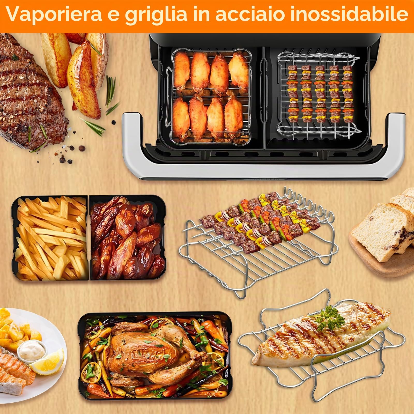 Fodere in silicone per friggitrice ad aria, accessori per Cosori Dual Airfryer TwinFry, 1 x 10 L + 2 x 5 L grande fodera flessibile, cestelli per friggitrice ad aria, griglia, pinza, spazzola per olio