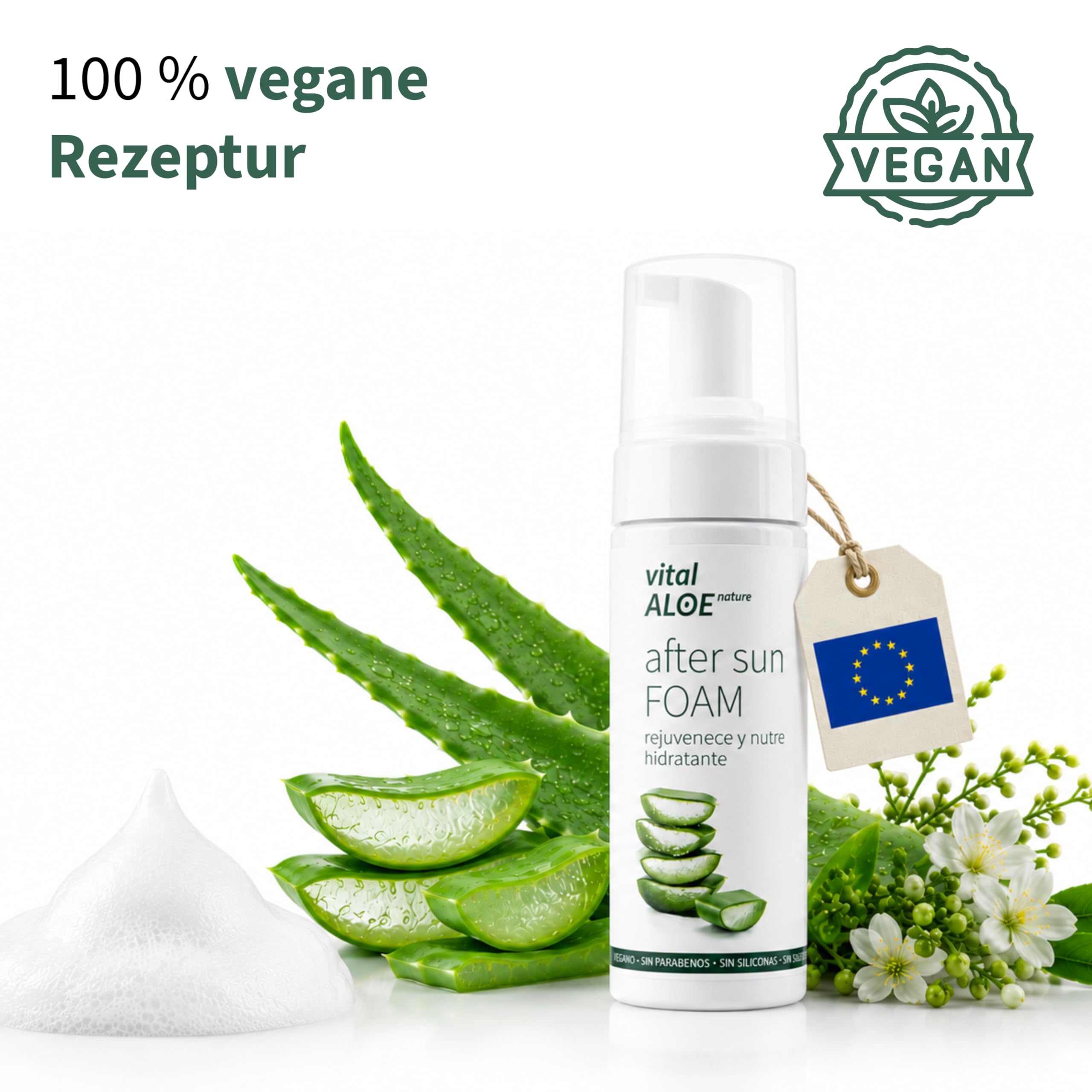 After Sun Foam 5x150 ml | Feuchtigkeitsspendender After-Sun-Schaum mit Bio-Aloe Vera und Calendula | Gesicht und Körper | Leichte Textur, Vegan, Ohne Parabene, Silikone und Sulfate
