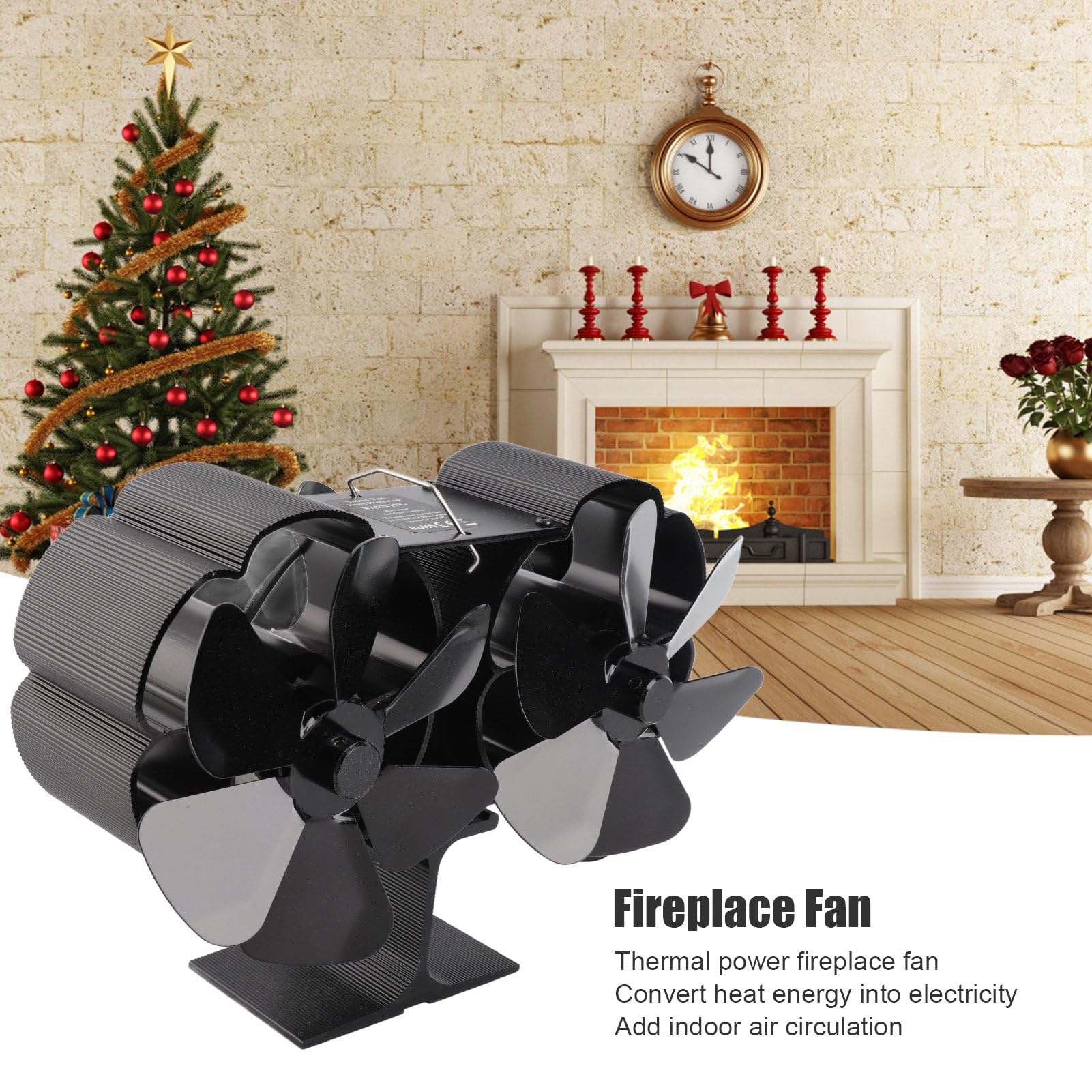 Ventilatore per camino a doppia testa 6 pale Potenza termica Ventilatore per stufa nero Resistente alle alte temperature ambientale
