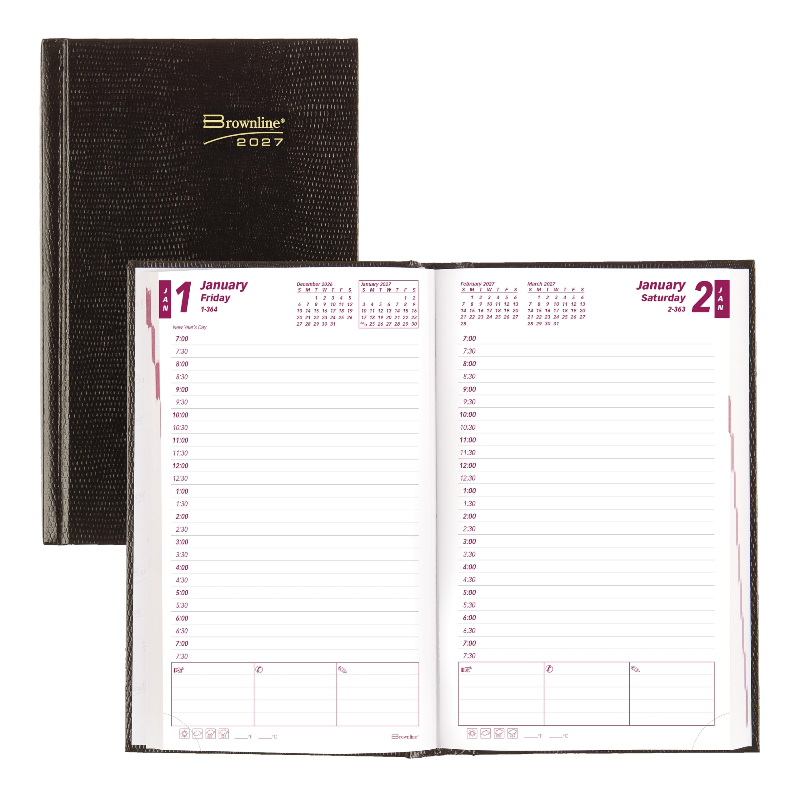 Brownline® - Agenda giornaliera/mensile tradizionale 2027, 12 mesi, da dicembre a gennaio, rilegatura a doppio filo, 20,3 x 12,7 cm, nero (CB634.BLK)