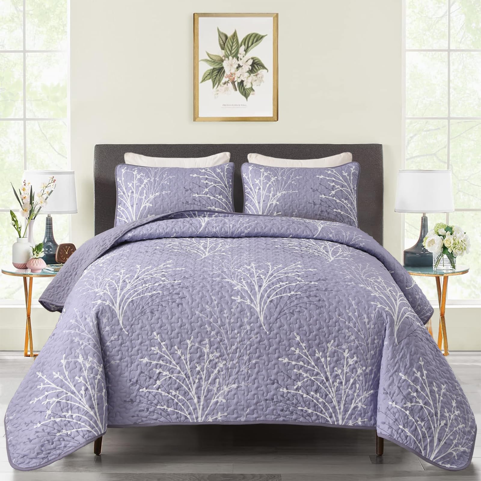 DJY Purple Quilt Set King Size - Branch Botanical Pattern Bedspread Coverlet Set, 3 Pieces Lavender Purple Floral Quilt Bedding Set, Soft Microfiber