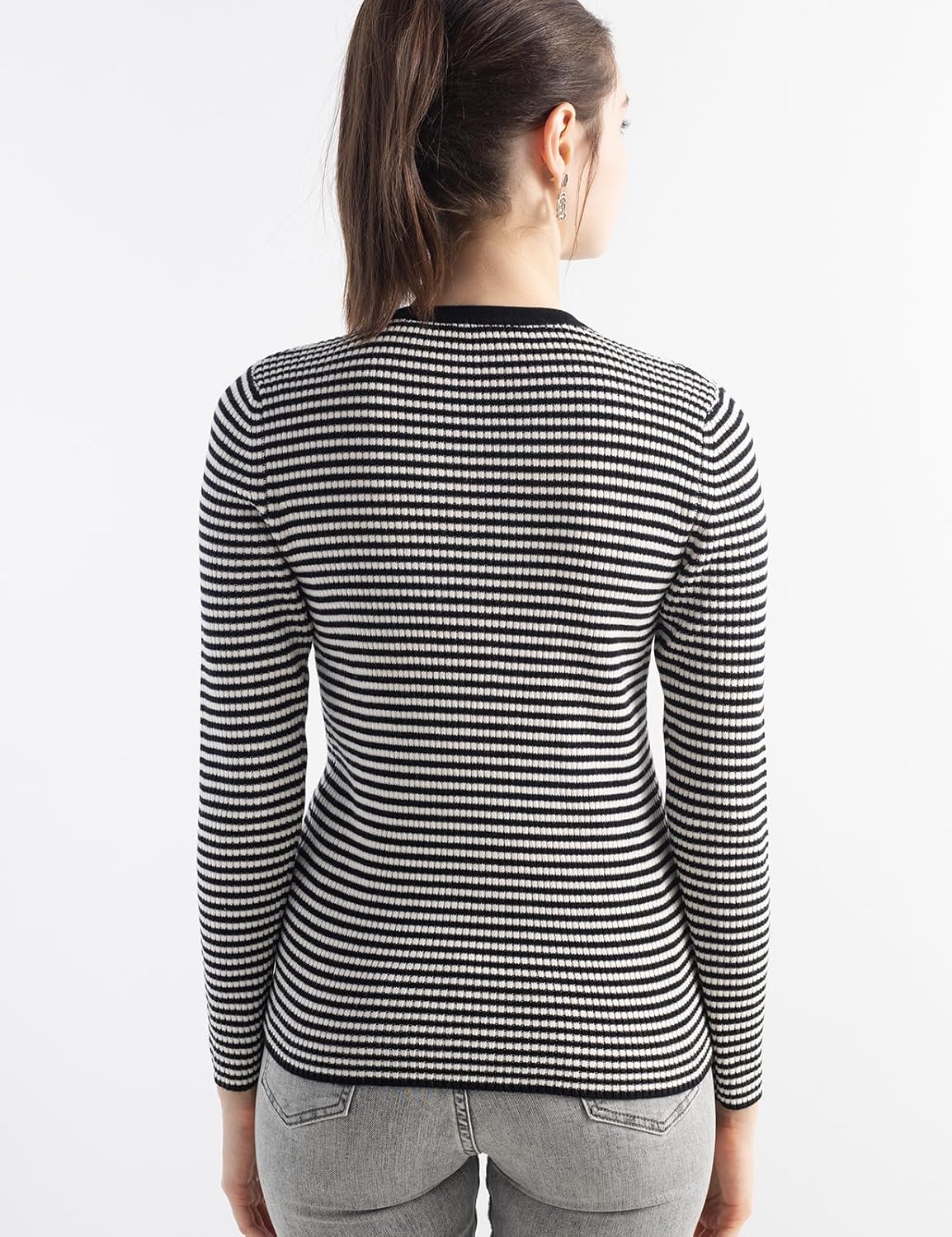 Women's Merino Wool Blend Sweater 2025 Fall Winter Crew Neck Striped Slim Fit Long Sleeve Knit Pullover with Button - Image 6