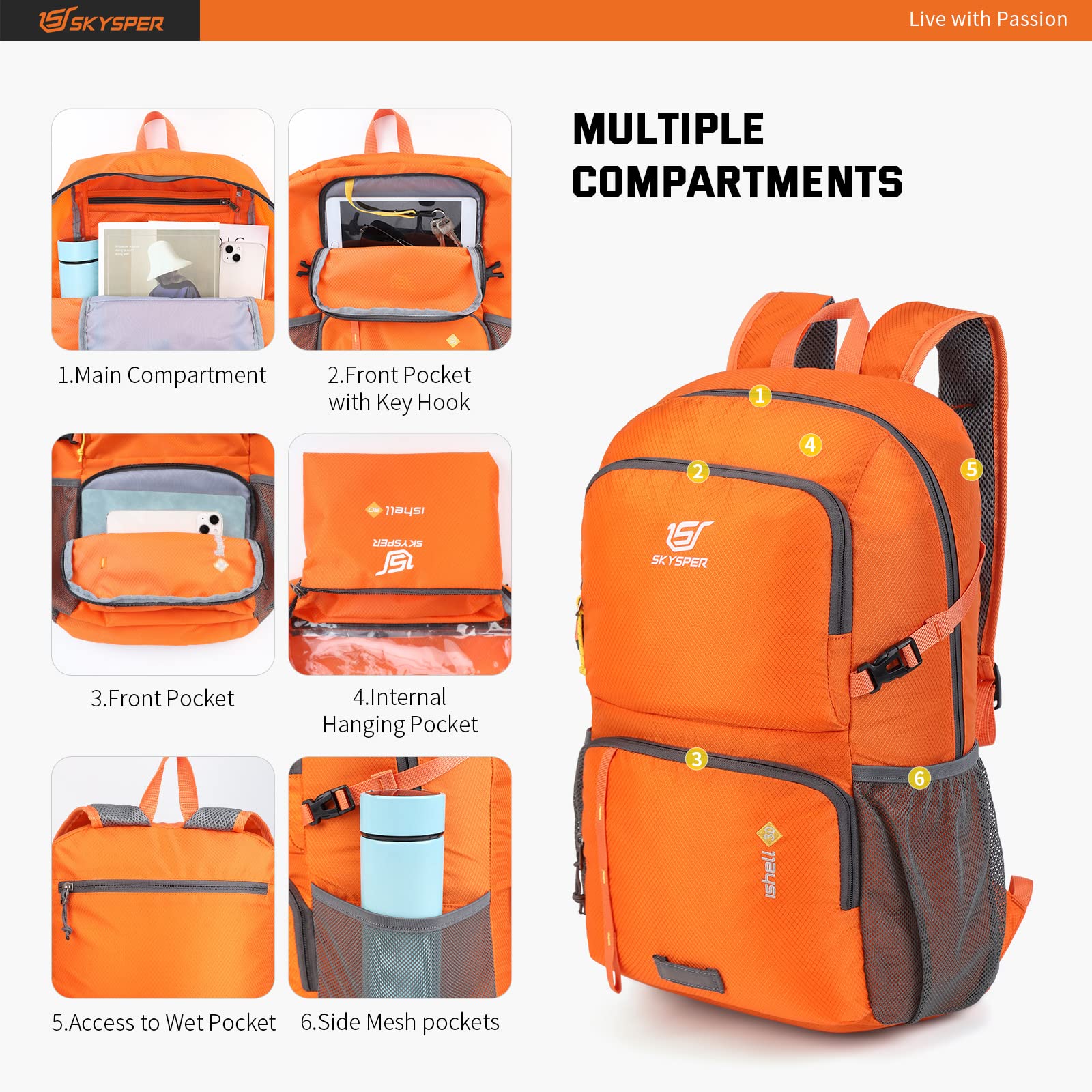 SKYSPER Zaino Ultraleggero Pieghevole, Zaino Ripiegabile 30L Resistente all'Acqua con Strisce Riflettenti Zaino da Trekking per Hiking Escursione Viaggio Uomo Donna