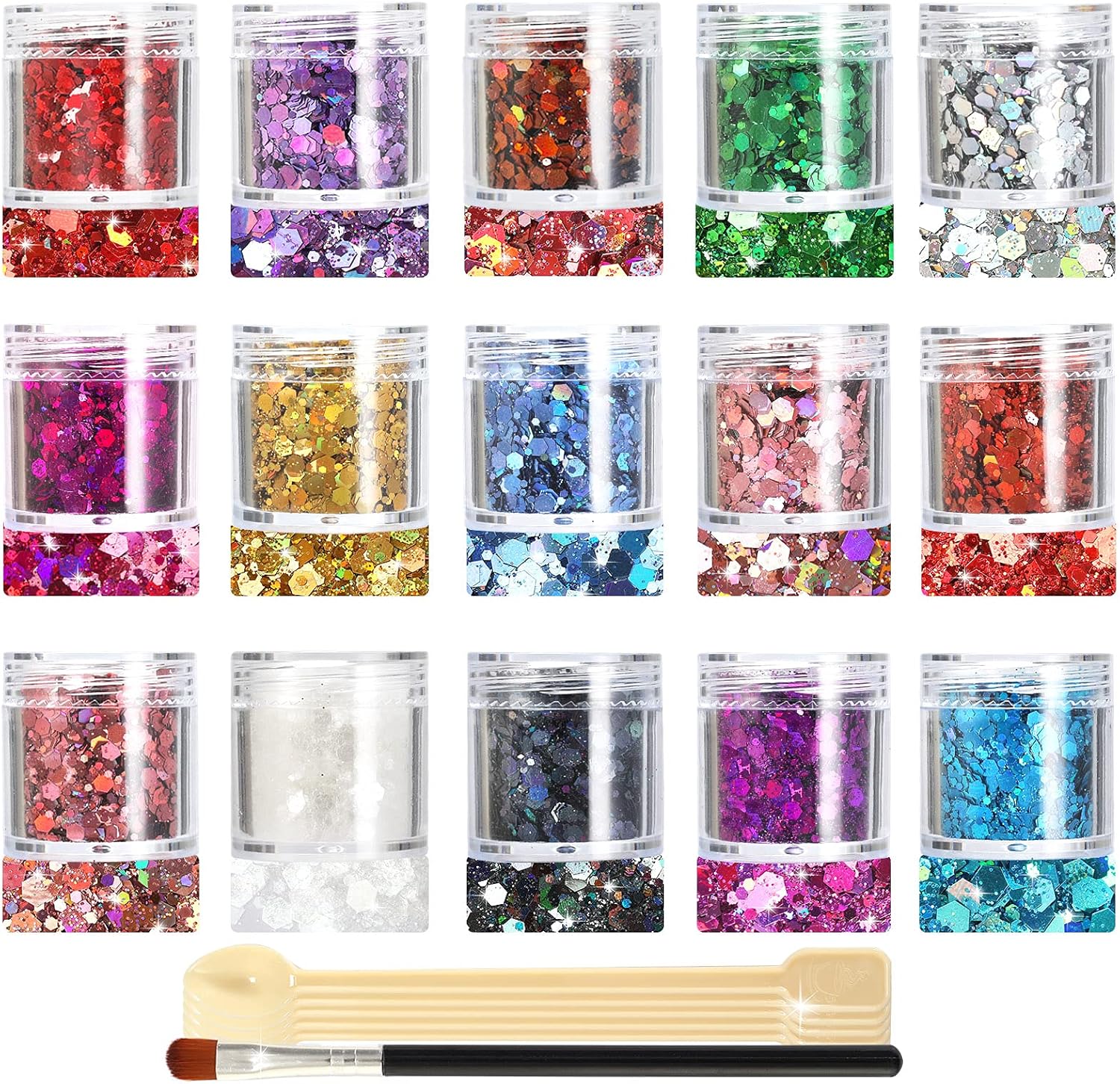Glitter SUPGIFT 15 Colors 280g Holographic Chunky Cosmetic Rainbow Colorful Sequins for Makeup Body Hair Nail Art Slime Craft Resin with Brush 5 Spoons : Everything Else