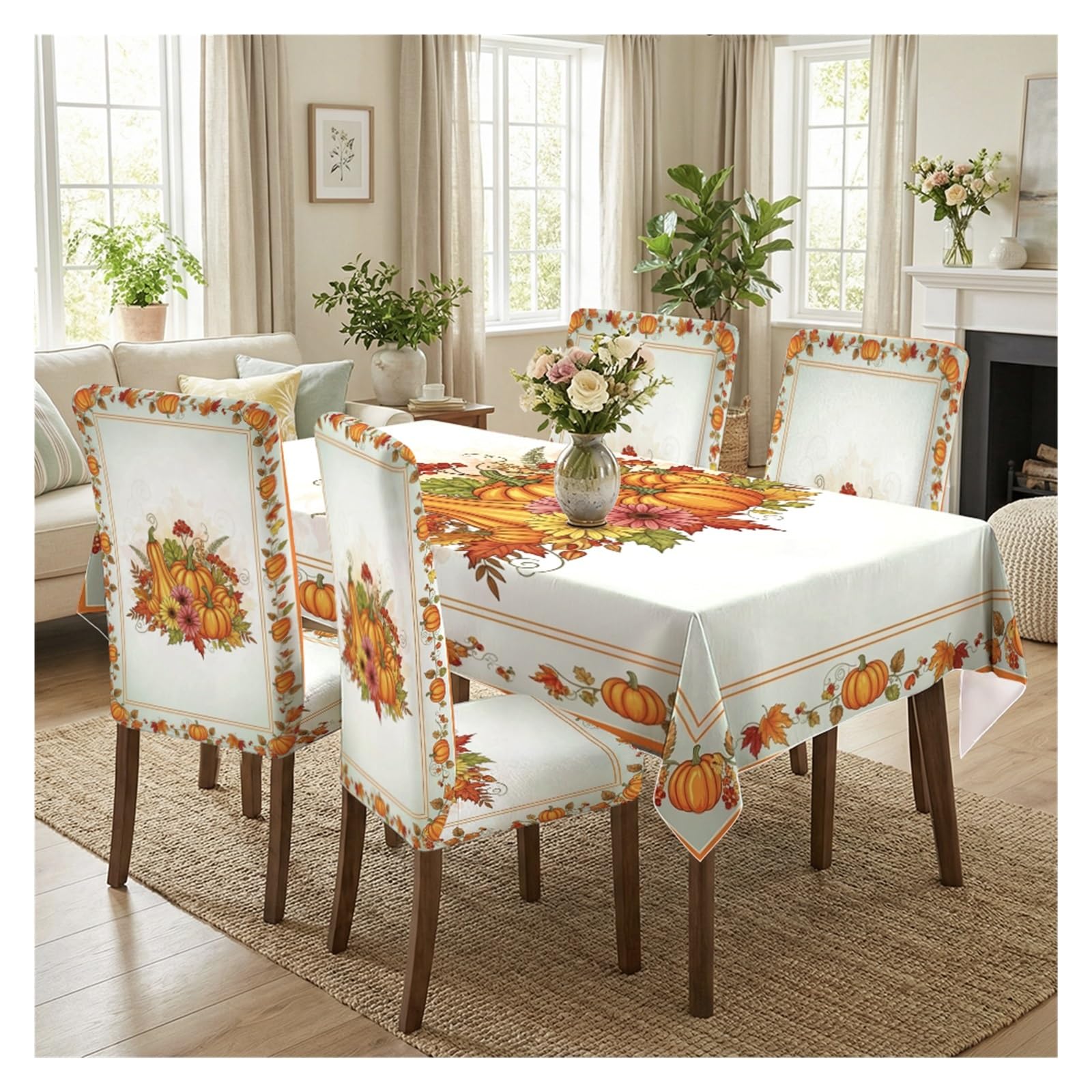 KXUAUV Autumn Pumpkin Maple Leaf Floral Pattern Print Stretch Dining Chair Slipcover & Tablecloth Set, Thanksgiving Fall Farmhouse Home Decor, 5/7 Pack Party Decor(5pcs Set: Tablecloth+Chair Covers)