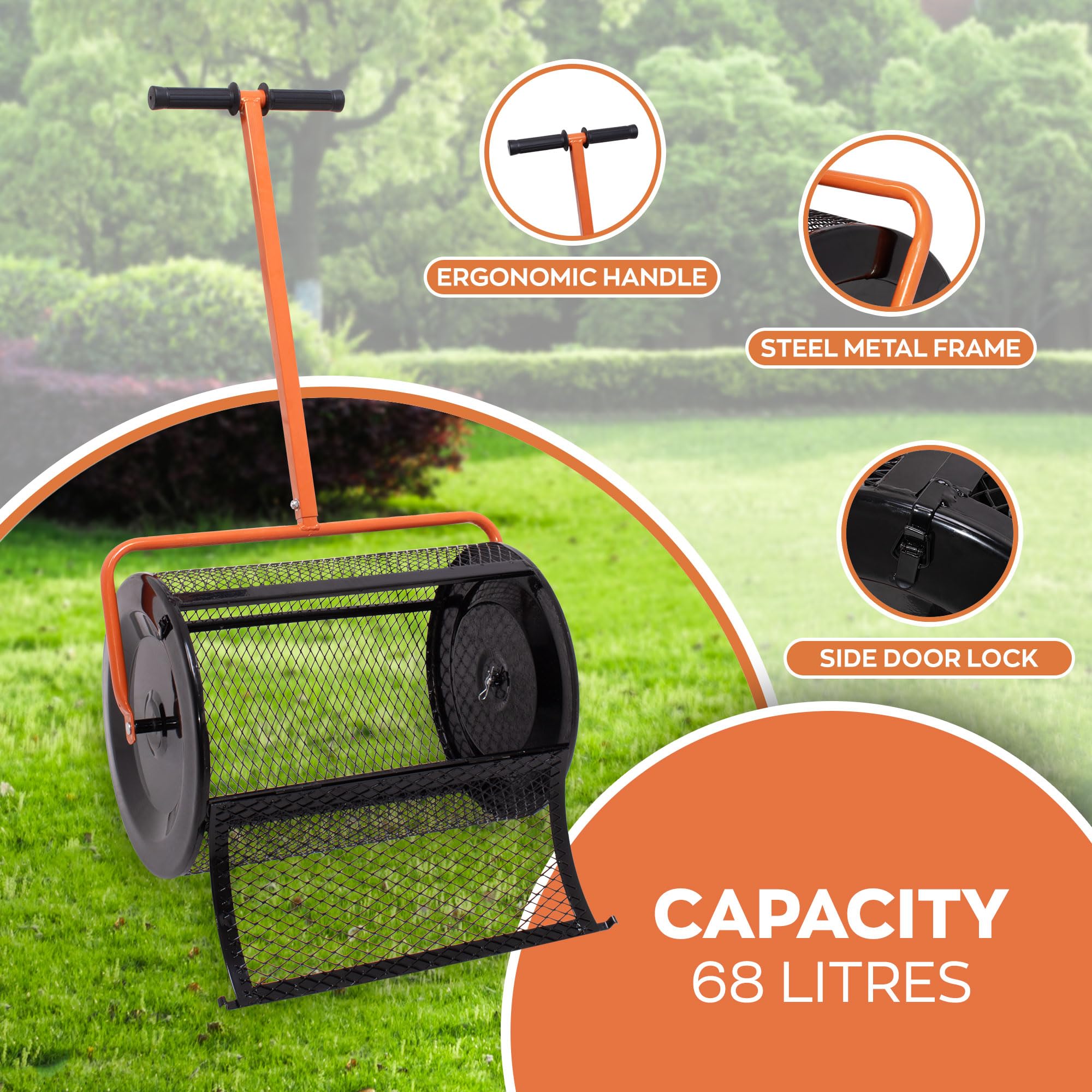 BOUDECH Spreader - Épandeur à rouleau de jardin, 60 x 107 x 39,5 cm, pour engrais et semis, cage en métal, orange