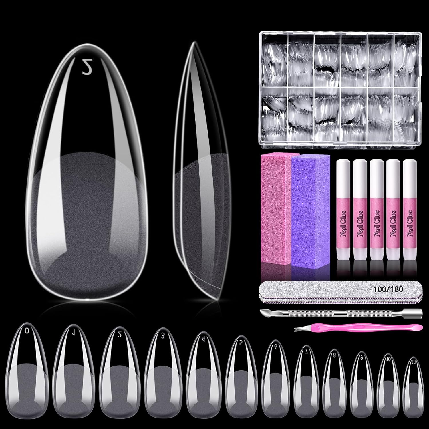 MORGLES 600pcs Pre-Etched Clear Almond Shaped Acrylic Nail Tips