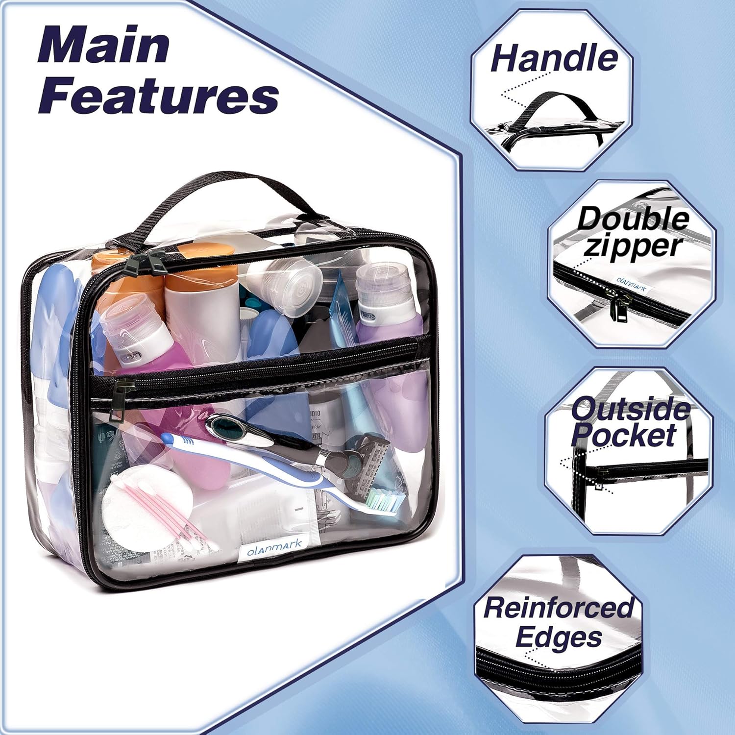 Olanmark TSA Approved Clear Toiletry Bag - Large Clear Travel Makeup Bag