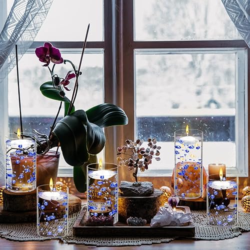 Miniatura 4 de Hoolerry Juego de 9 jarrones cilíndricos de vidrio para centros de mesa, portavelas transparentes de huracán de varios tamaños con velas flotantes,