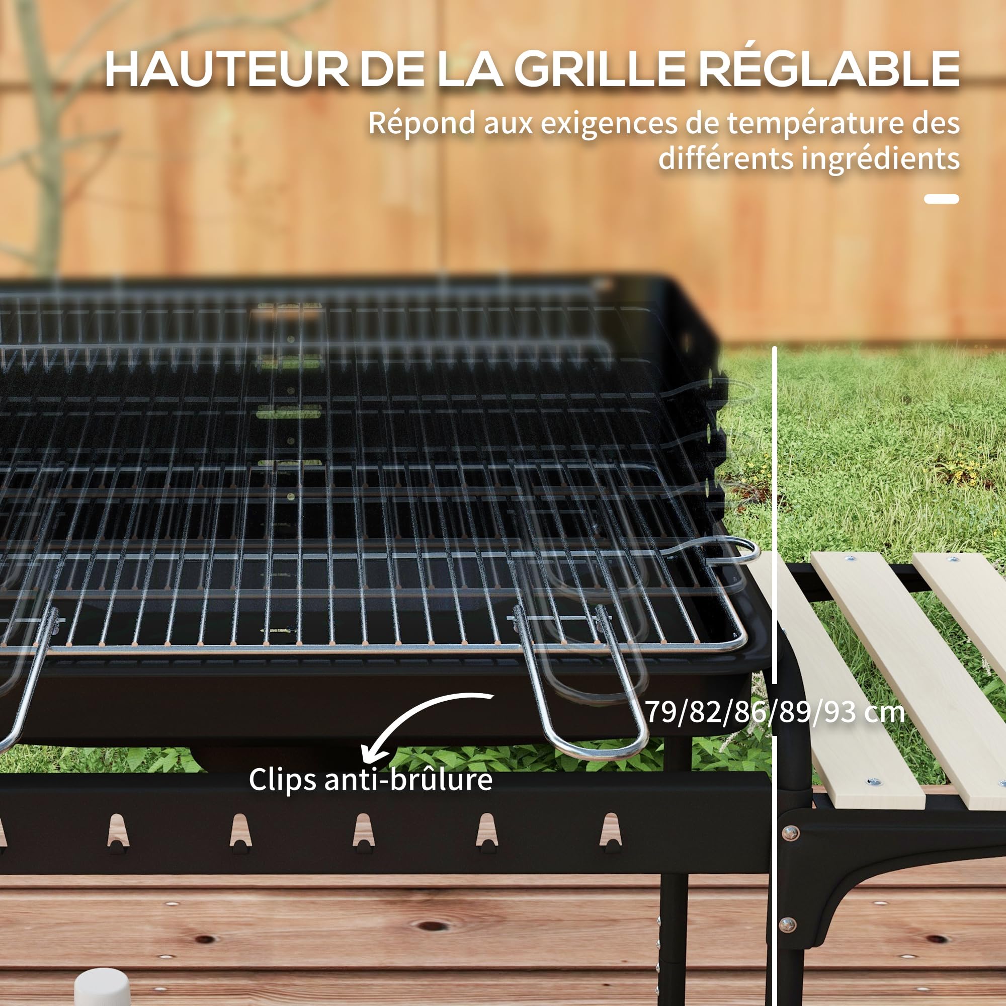 Outsunny Barbecue à Charbon BBQ Grill sur Pied avec Gril Réglable 2 Roues et 3 Étagères Récupérateur de Cendres 103 x 47 x 95 cm Noir