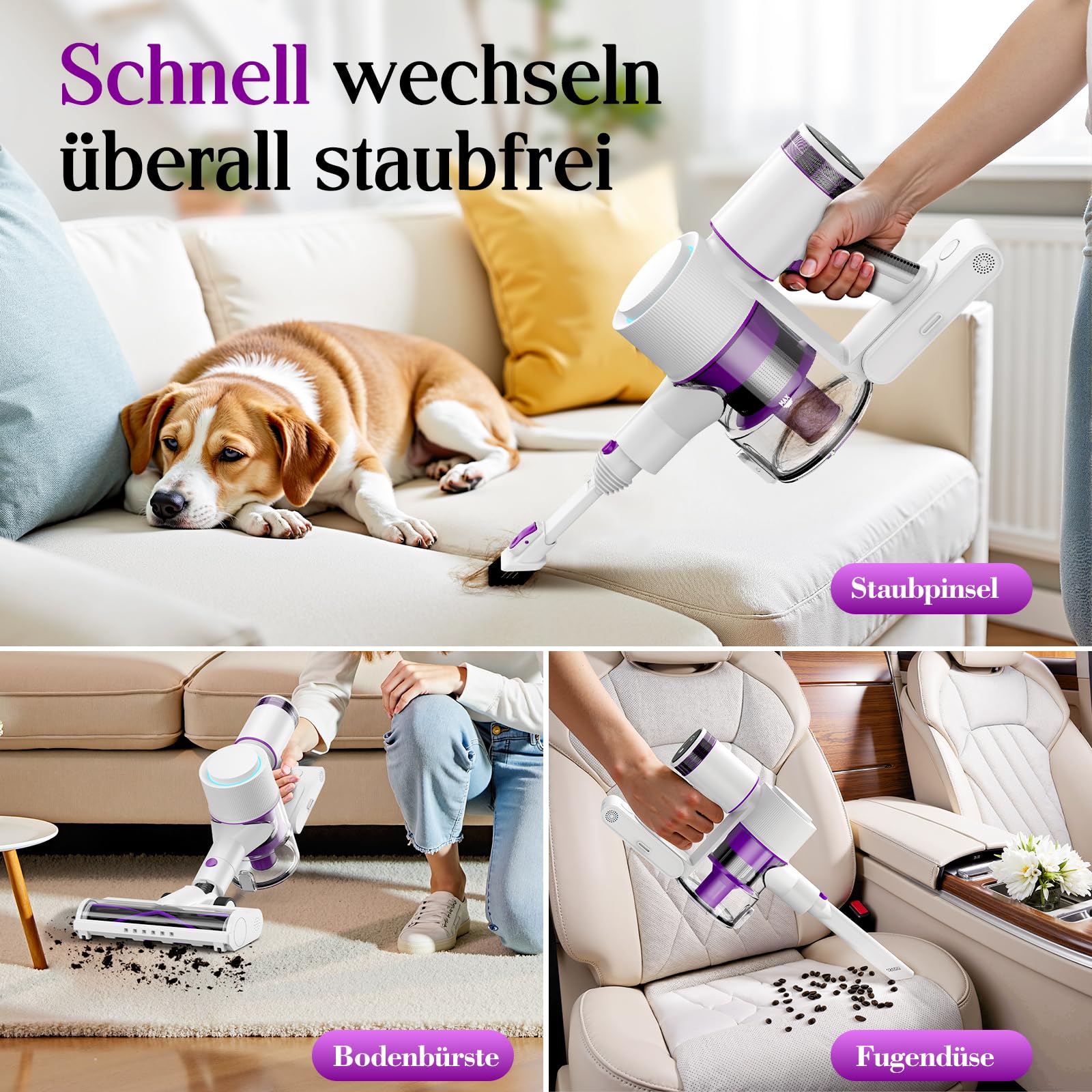 Akku Staubsauger 45000Pa, 60Min, nur 1,75 kg, 6-in-1 Staubsauger Kabellos mit Touchscreen, LED-Leuchten, Anti-Tangle-Bürste & Ladestation, 7-Schicht-Filtration für Tierhaare, Teppiche, Hartböden, Auto
