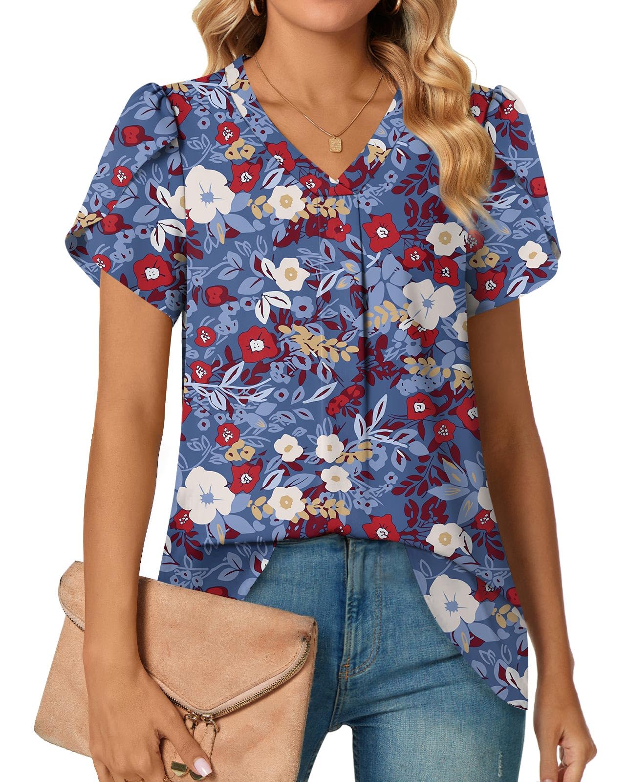 Women's 2025 Summer Dressy Chiffon Blouse Petal Short Sleeve V Neck Tunic Tops Office Work Shirt for Leggings