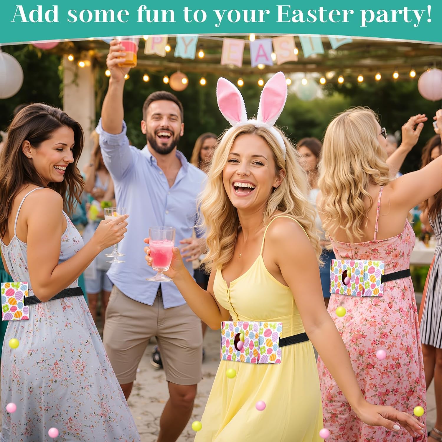 4 Sets Easter Party Games Swing Shaking Balls Game Colorful Egg Novelty Twerk Game with 4 Adjustable Belts and 80 Balls for Adults Garden Outdoor Indoor Group Holiday image 4