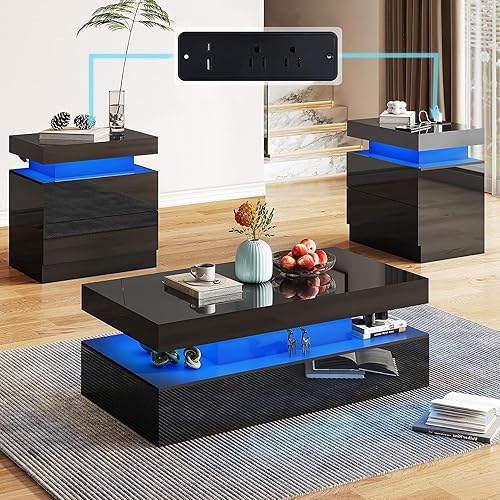 AMERLIFE Juego de mesa de sala de estar de 3 piezas de alto brillo, modernos juegos de mesa de centro LED de 3, mesa central de 2 niveles con 2 Negro