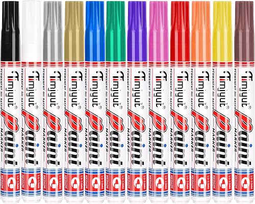 TIMJYUT Bolígrafos de pintura de 12 colores, nunca se decoloran a base de aceite en casi cualquier cosa, bolígrafos de pintura permanente de punta