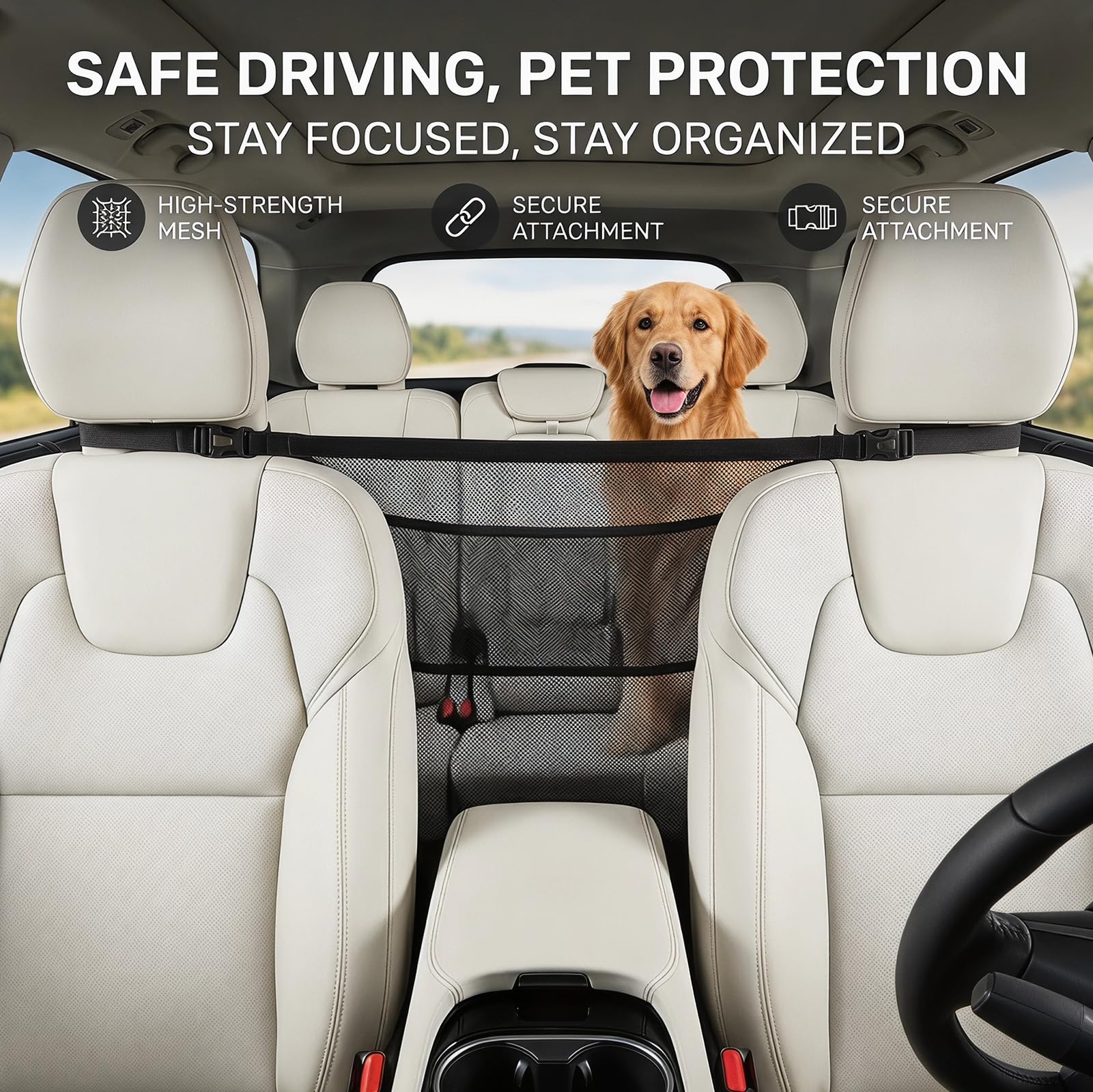 Hundegitter Auto Mit Aufbewahrungstaschen, Trennnetz Hund - Hundenetz für Vordersitz, Auto-Netz-Organizer, Universal Rücksitzsperre, Hundebarriere, Hunde-Autotrenner für LKW, SUV und Limousinen