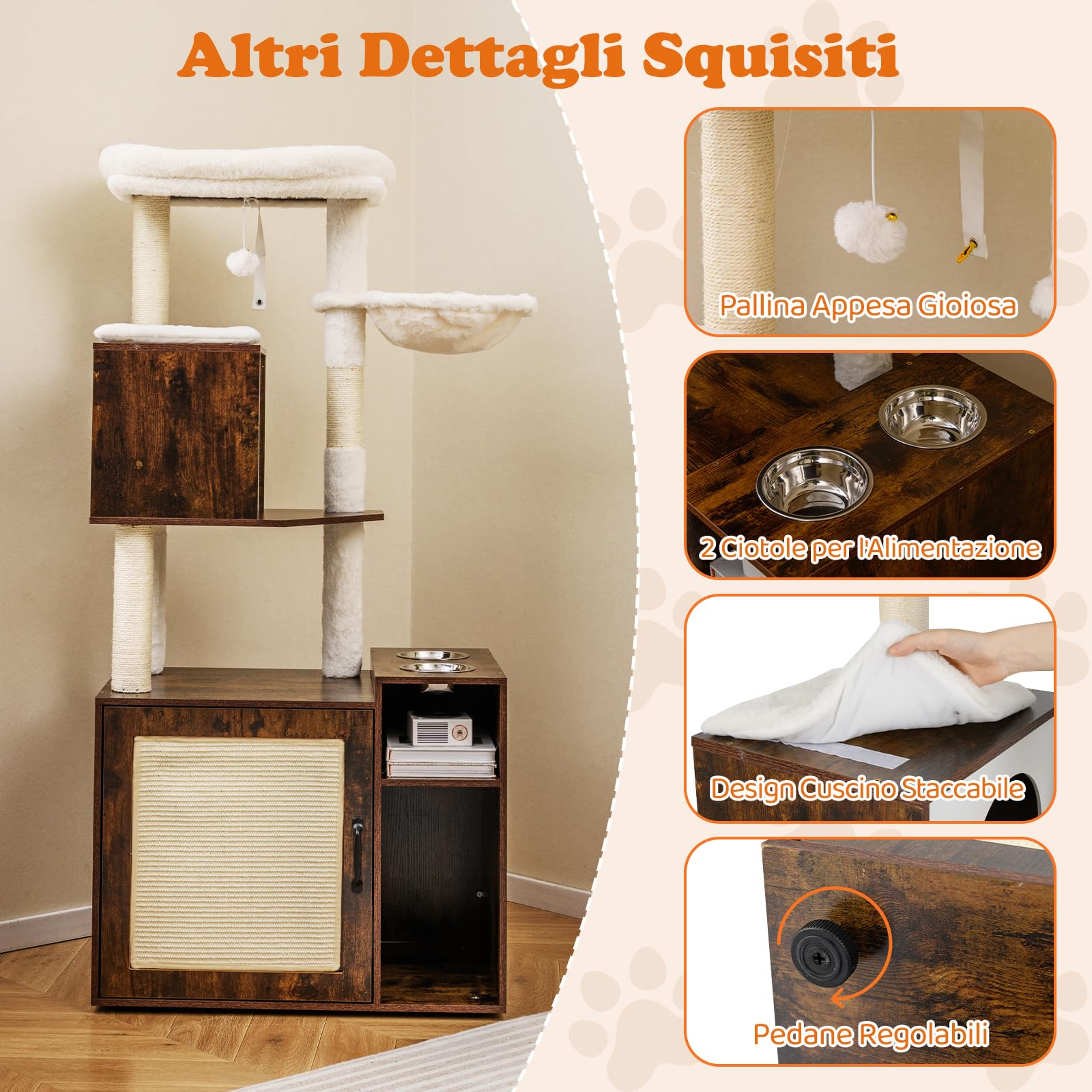 COSTWAY Albero per Gatti con Mobile per Lettiera Alto 155 cm (Marrone) | Tiragraffi per Gatti con Posto Graffio in Sisal e Tappetino, Pallina Pendenti, Toilette Nascosta e 2 Ciotole per Cibo