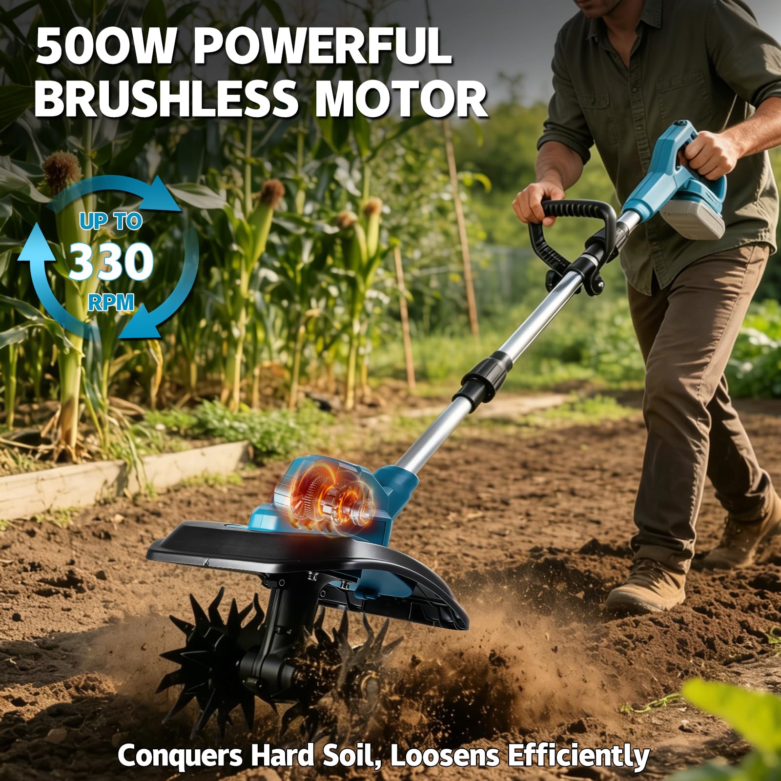 Akku Bodenhacke Motorhacke für Makita 18V (ohne Akku), 500W Bürstenloser Motor, 22cm Arbeitsbreite & 17cm Tiefe, 48 Robuste Stahlzinken, Leichte Elektro-Gartenfräse für Beete Hochbeete Gemüsegarten