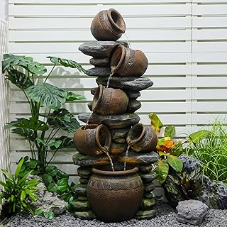 59.84 Inch Outdoor Water Fountain with LED Lights and Pump - Freestandin...