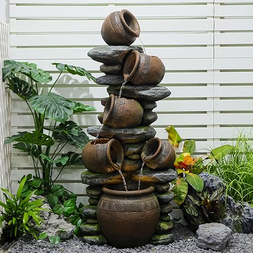 59.84 Inch Outdoor Water Fountain with LED Lights and Pump - Freestanding Waterfall Garden Feature for Patio, Yard, Courtyard