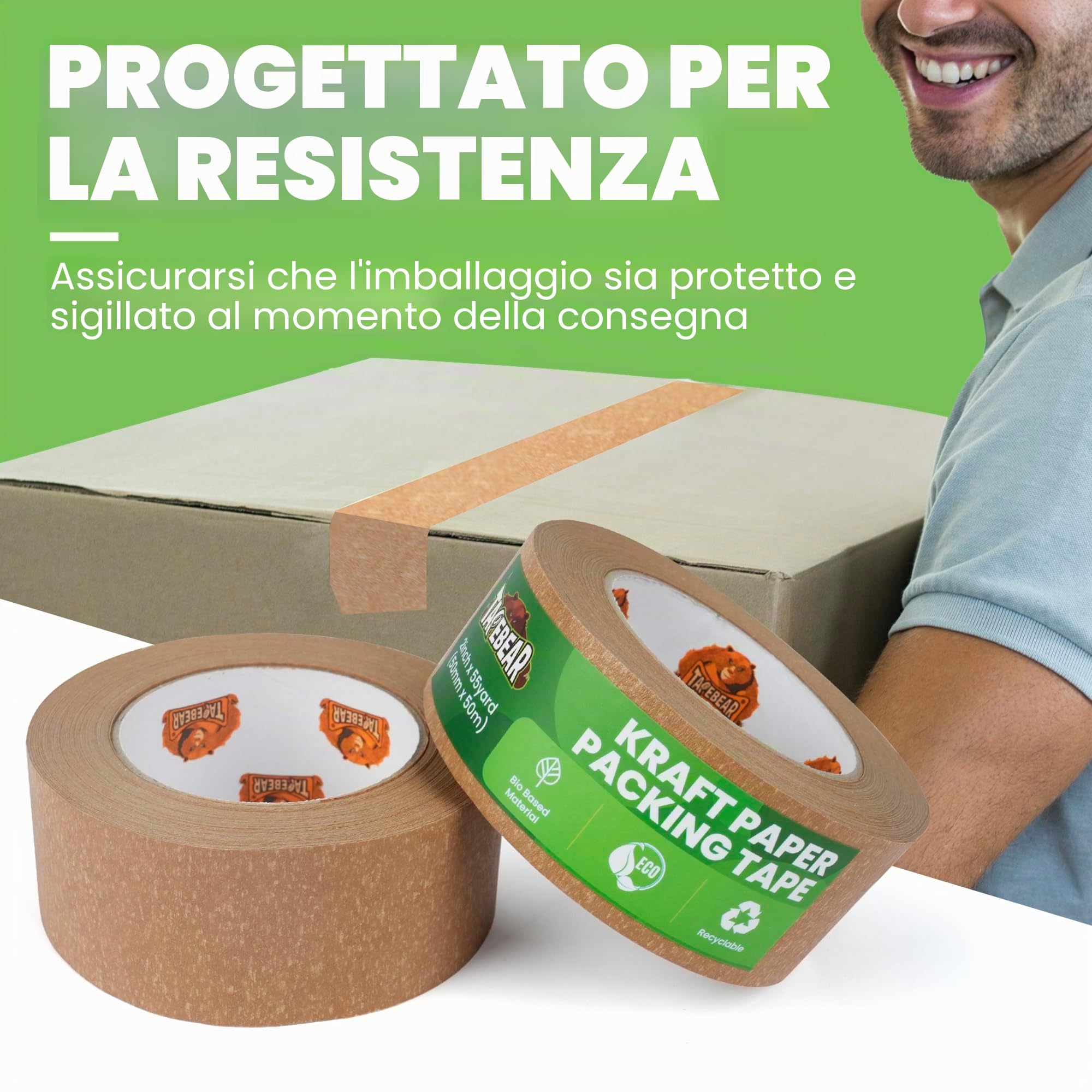 TAPEBEAR Nastro di Carta per Imballaggio 50m x 50mm, 12Rotoli Riciclata Nastro Adesivo Marrone, Ecologico Nastro Adesivo Pacchi per Scatole, Scatoloni e Cartoni, Trasloco e Spedizioni