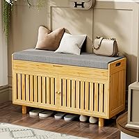 OAKVIVO Bamboo Shoe Storage Bench: Lift-Top Hidden Storage, Padded Cushion Seat, 2 Doors, 35.4" Entryway Organizer for Shoes, Bedroom