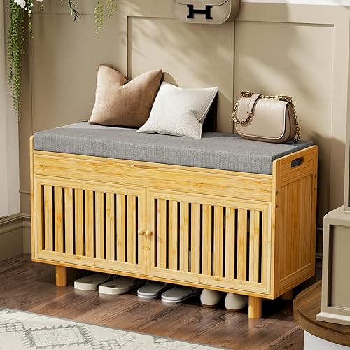 Banco de almacenamiento de zapatos, banco de entrada de bambú con 2 puertas y cojín de asiento acolchado, 35.4 pulgadas de ancho x 12.6 pulgadas de