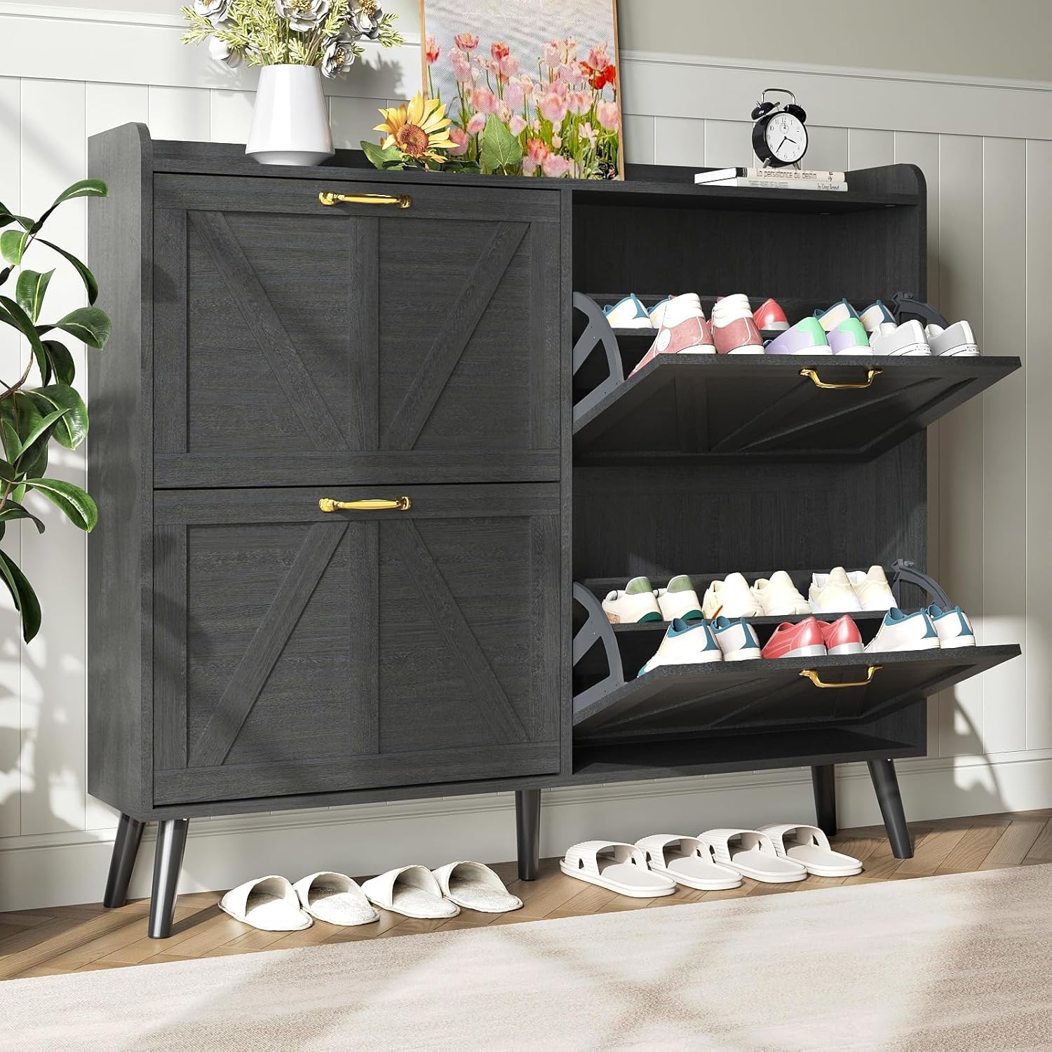 Sscaktu Shoe Cabinet Storage for Entryway, Shoe Cabinet with 4 Flip Drawers, Hidden Slim Shoe Organizer, Narrow Shoe Storage Cabinet Shoe Closet Shoe