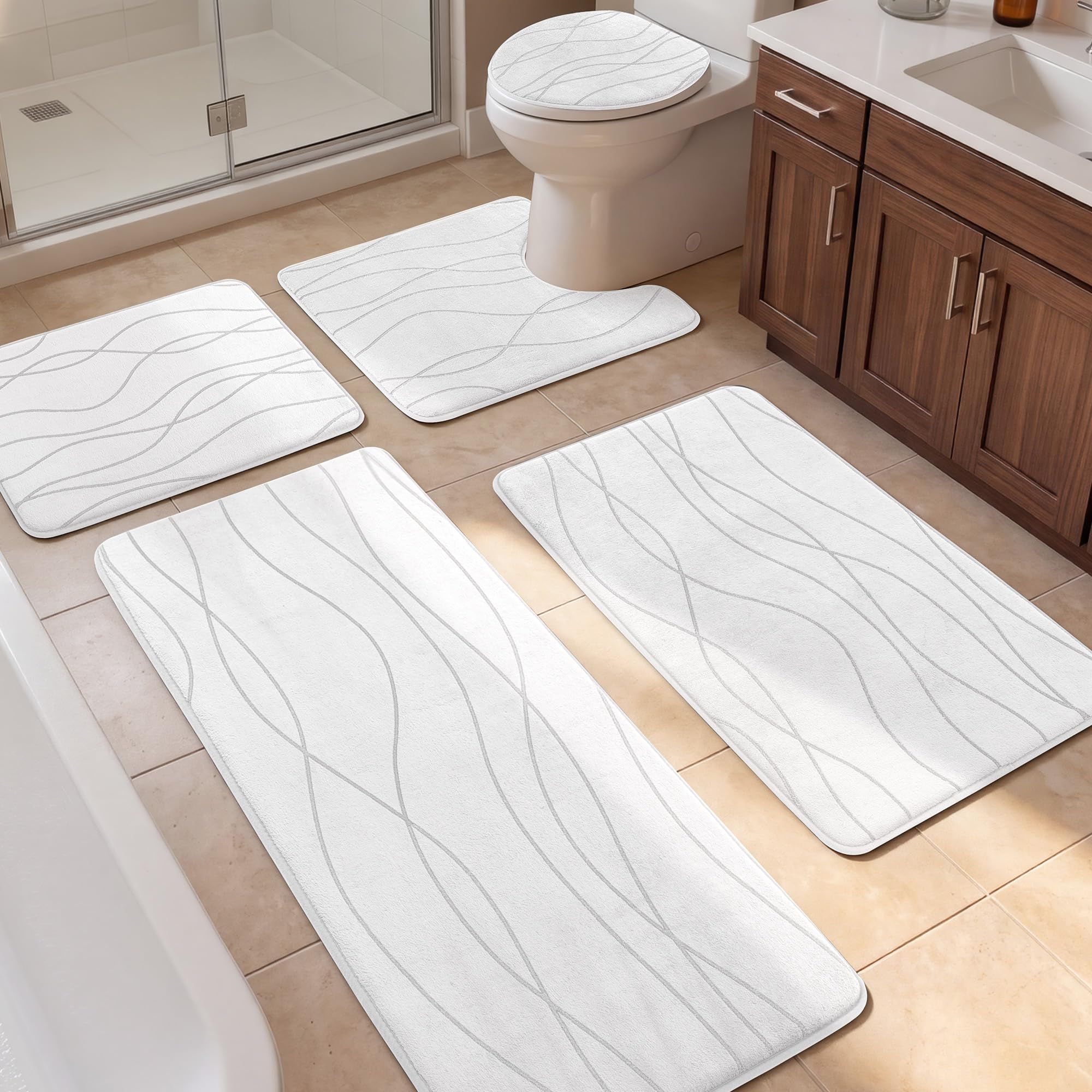 YIHOUSE Badezimmerteppich-Set, 5-teilig, Memory-Schaum, Badematte, Weiß | Ultraweich, saugfähig, rutschfest, maschinenwaschbar, für Badezimmer, Waschbecken und Toilette