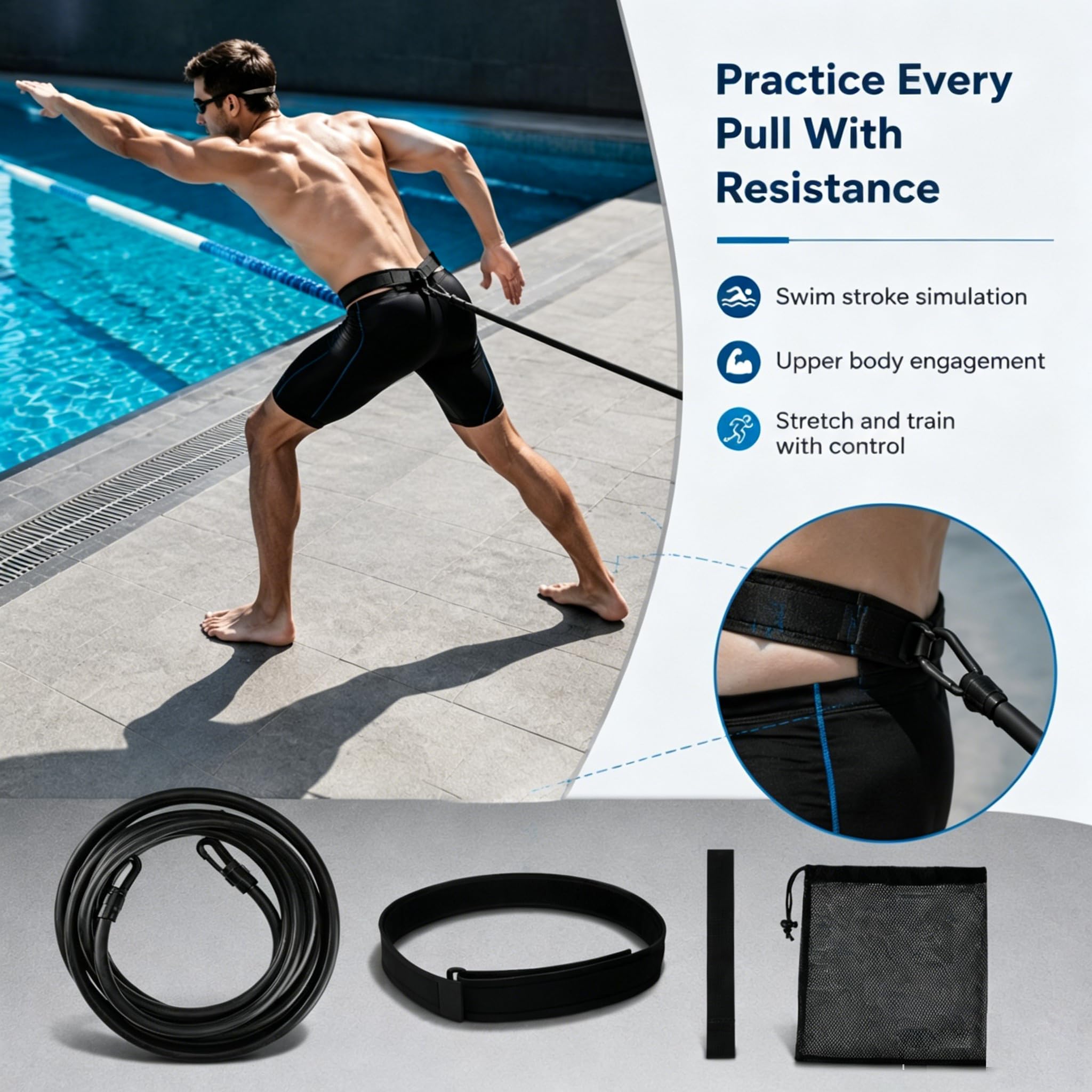 Bavooty Schwimmgurt für Pool,Einstellbare Schwimmwiderstand Gürtel,Schwimmtrainer Gürtel,Schwimmhilfe Erwachsene Pool,Einstellbare Schwimmseil,Geeignet für alle Arten von Schwimmtraining