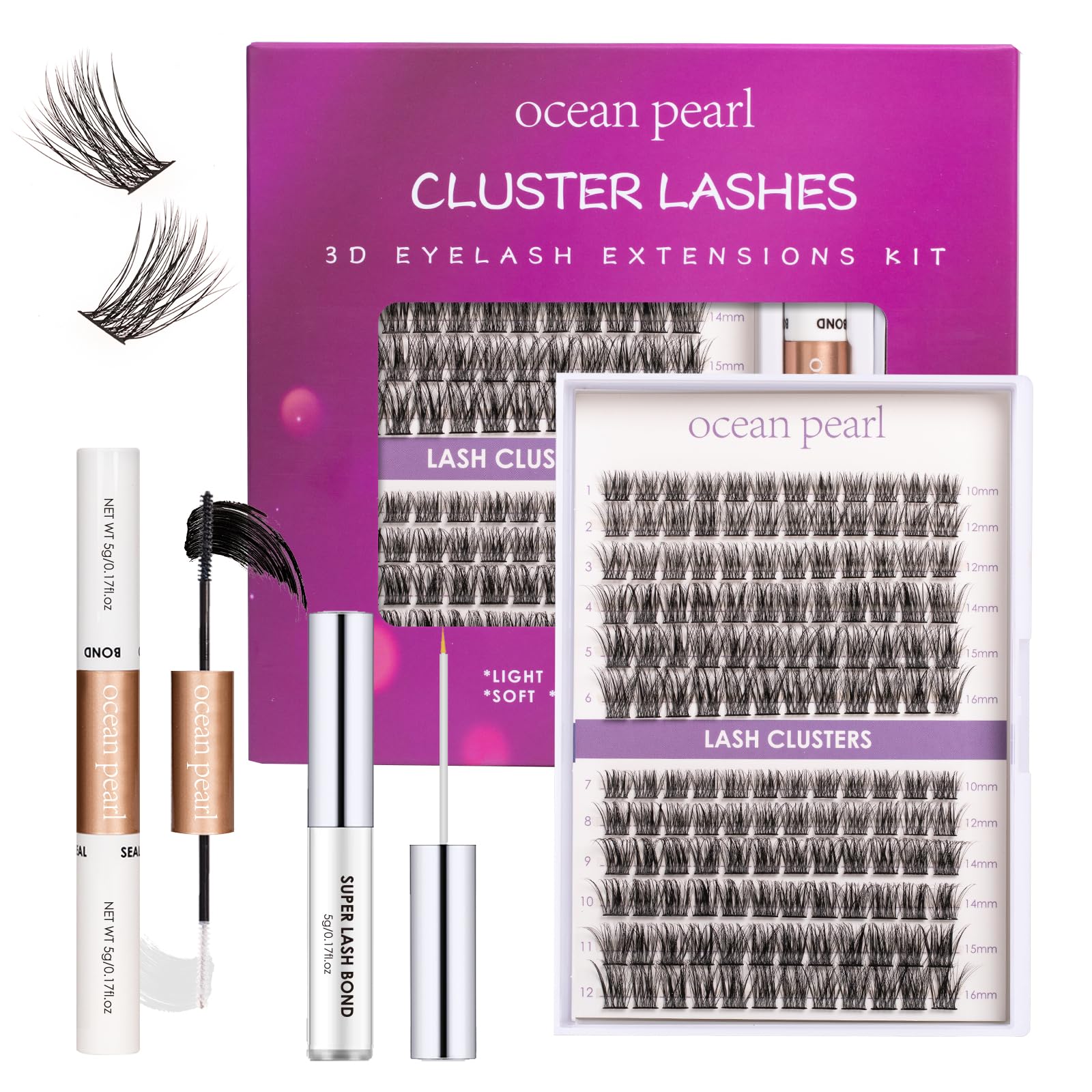 Ocean Pearl Cluster Lashes 144PCS Eyelash Clusters 10-16mm Lash Extension Kit Individual Eyelashes DIY Eyelash Extension Kit Natural Lash Clusters with Super Bond and Seal Super Glue-OP25