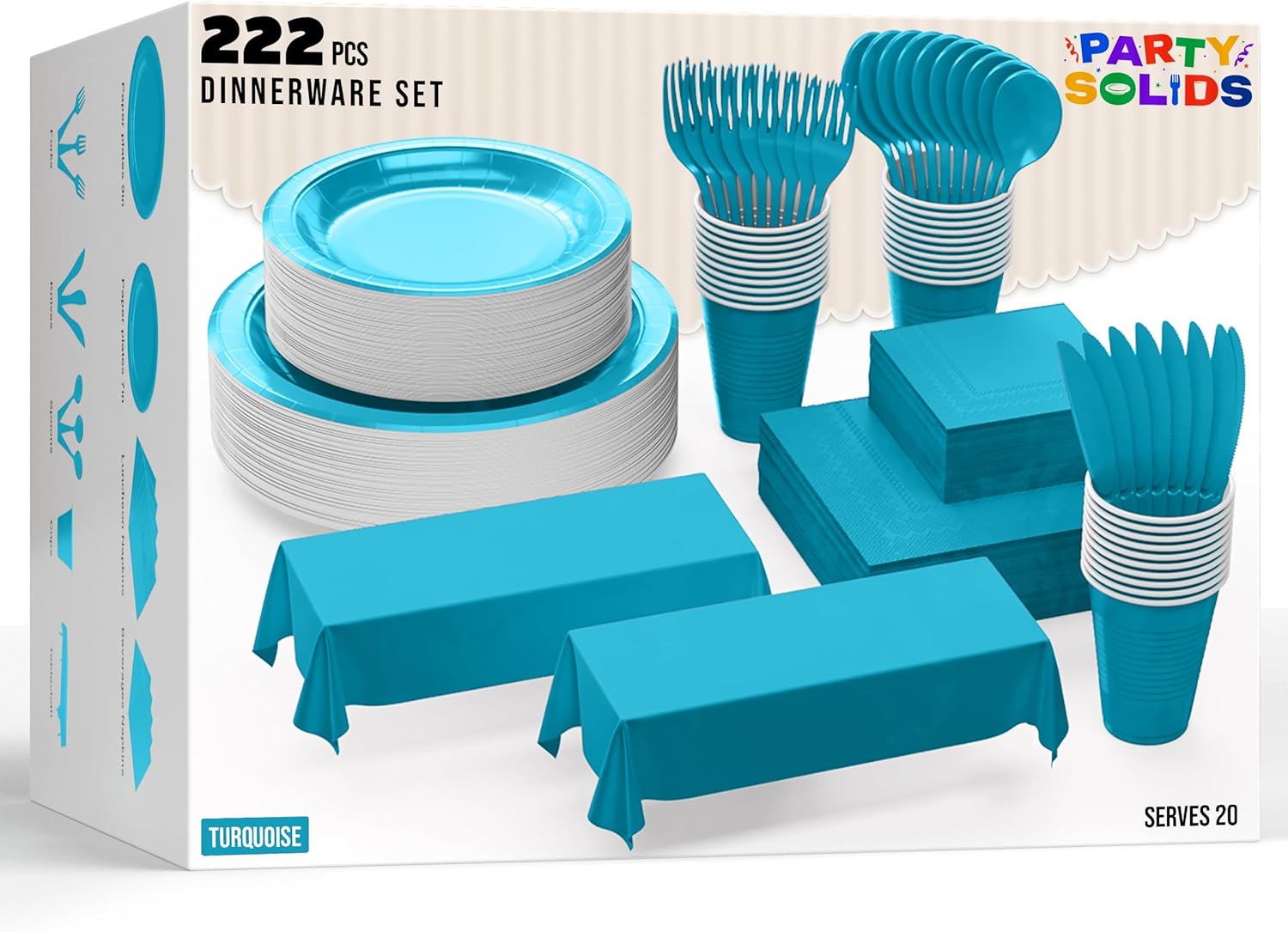 Party Solids 222 Pcs Turquoise Paper Plates and Napkins Sets, Disposable Plates For Party, Lunch & Cocktail Napkins Paper, 18oz Plastic Cups, Cutlery and Turquoise Table cloth Plastic Dinnerware Set