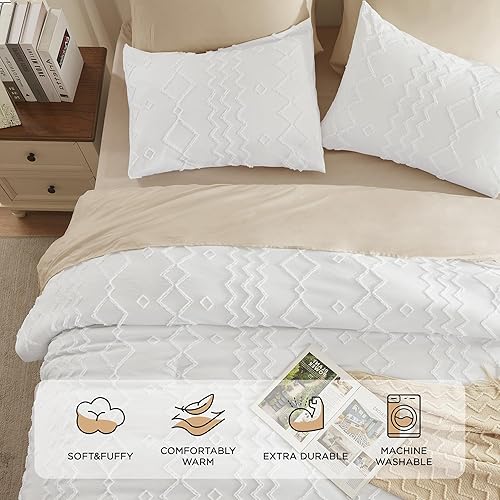 Miniatura 4 de Andency Juego de edredón blanco copetudo, tamaño Queen (90 x 90 pulgadas), 3 piezas (1 edredón acolchado y 2 fundas de almohada), edredón bohemio