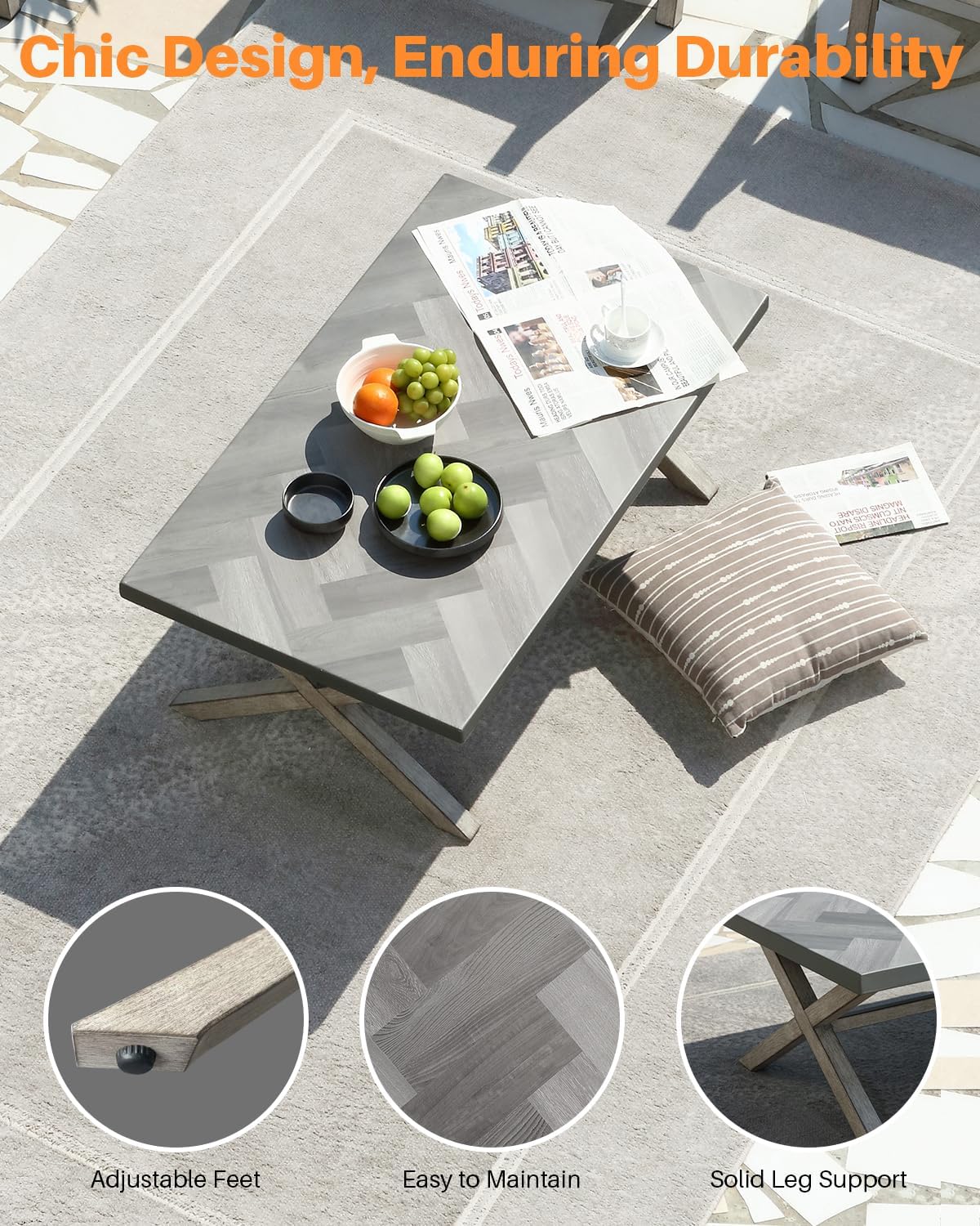 Aluminum Outdoor Coffee Table, Never Rusts Rectangle Patio Coffee Table with Resin Tabletop, Aluminum Outdoor Furniture Coffee Table for Patio, Poolside, Garden, Balcony, White Oak