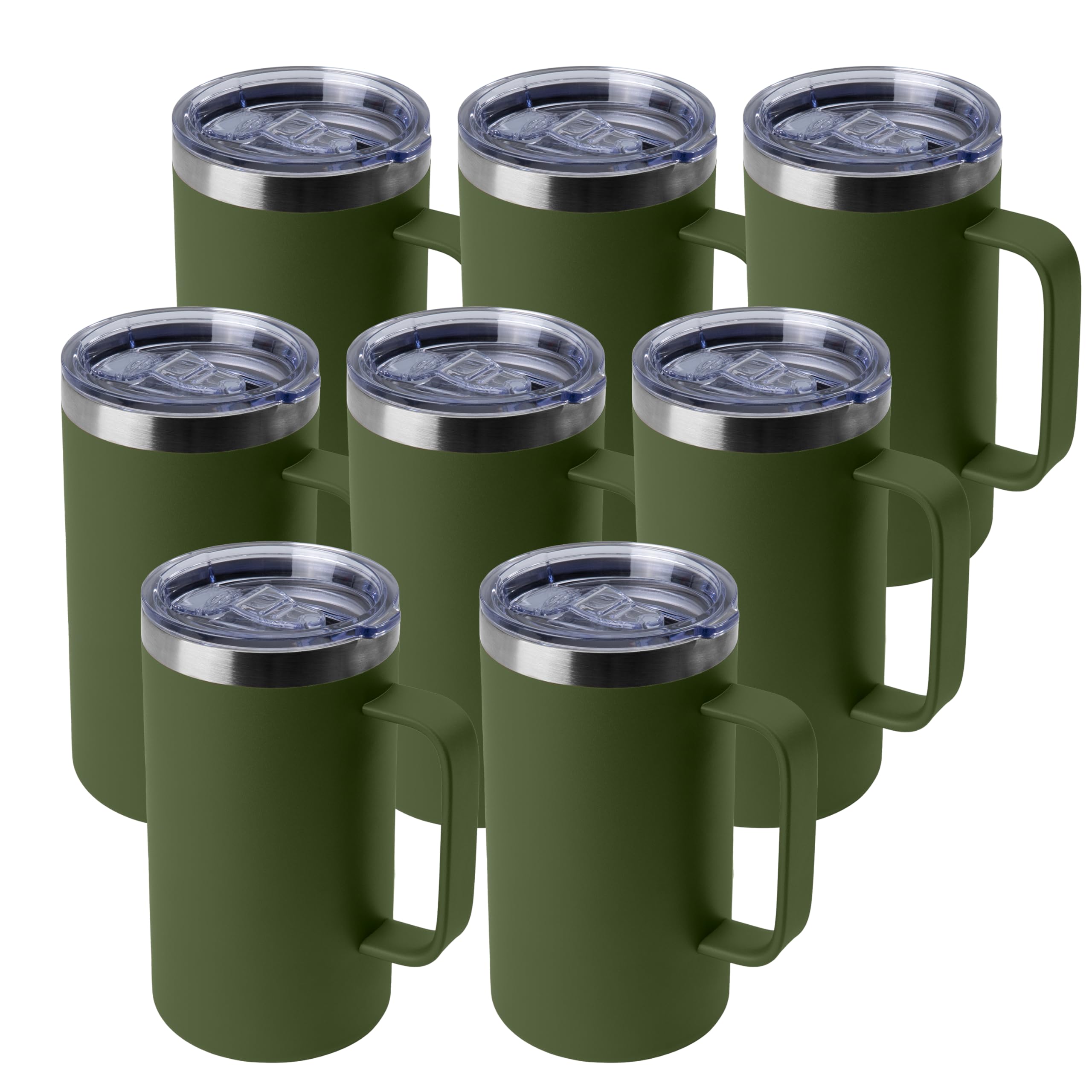 DOMICARE Taza de café de acero inoxidable de 24 onzas con asa y tapa, taza de viaje con asa, vaso de café al vacío de doble pared, taza aislada reutilizable, verde militar, paquete de 8