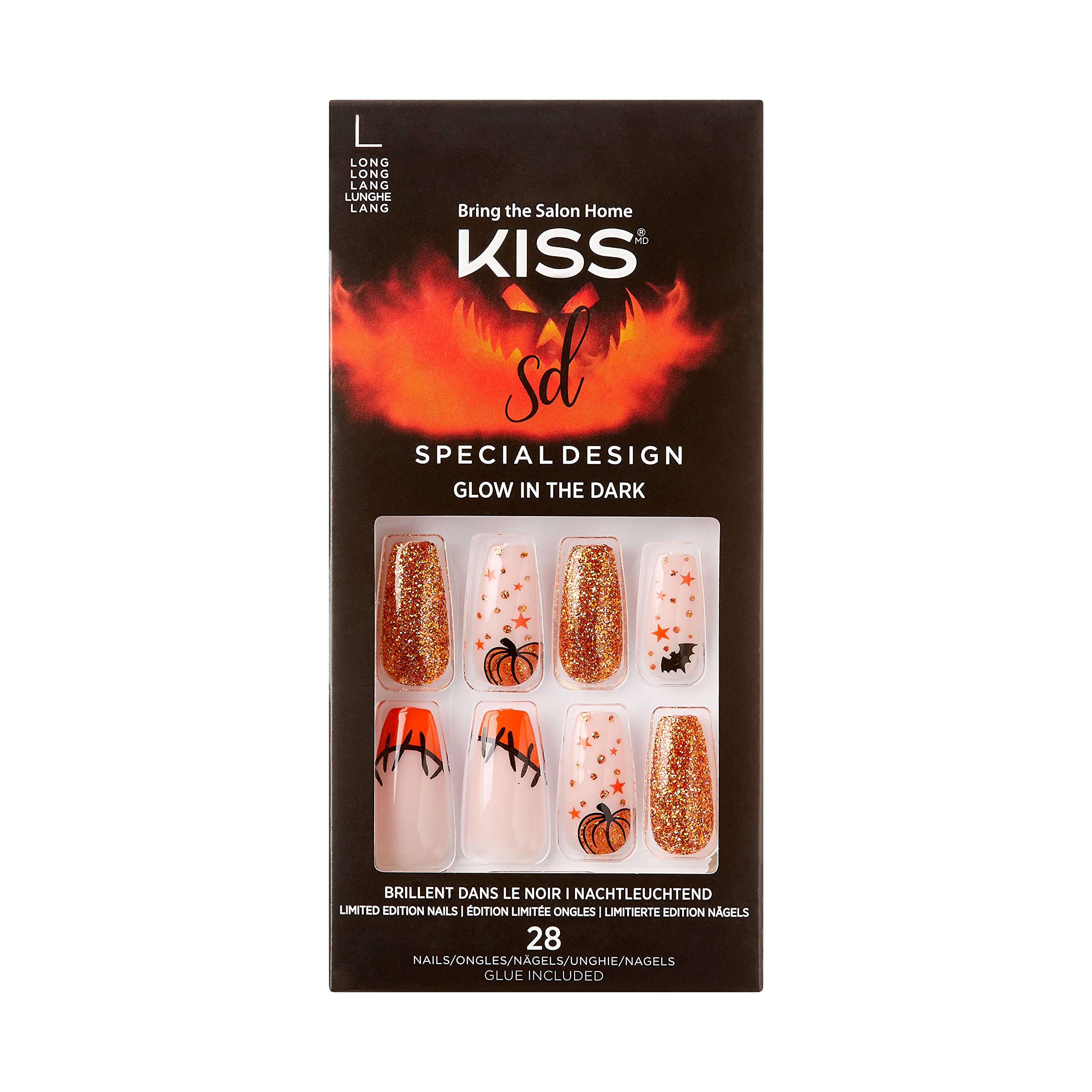 KISS Special Design Halloween Fake Nails, Glow-In-The-Dark, Style ‘Wicked’, with Pink Gel Nail Glue, Mini Nail File, Manicure Stick, & 28 False Nails