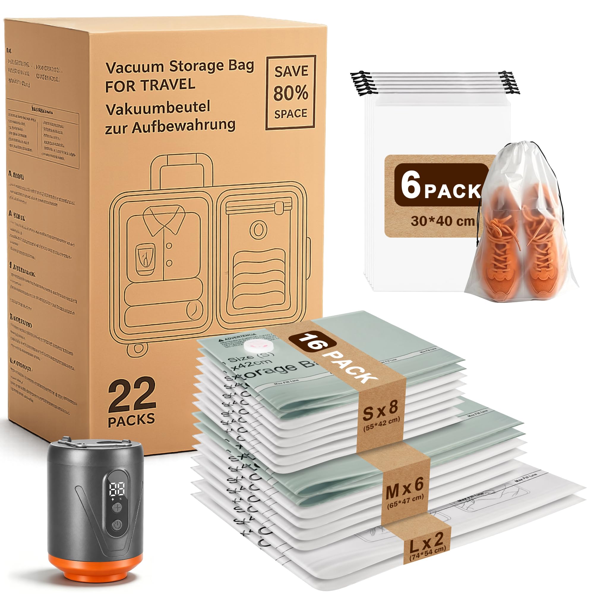AIMAX Vakuumbeutel für Kleidung mit Kabellose Vakuumpumpe, 2 Saugstufen-4.000 Pa & 20.000 Pa Saugkraft, 16 Stück (8 * 42x55cm, 6 * 65x47cm, 2 * 74x54cm), Speziell für Reisen und Kofferorganisation